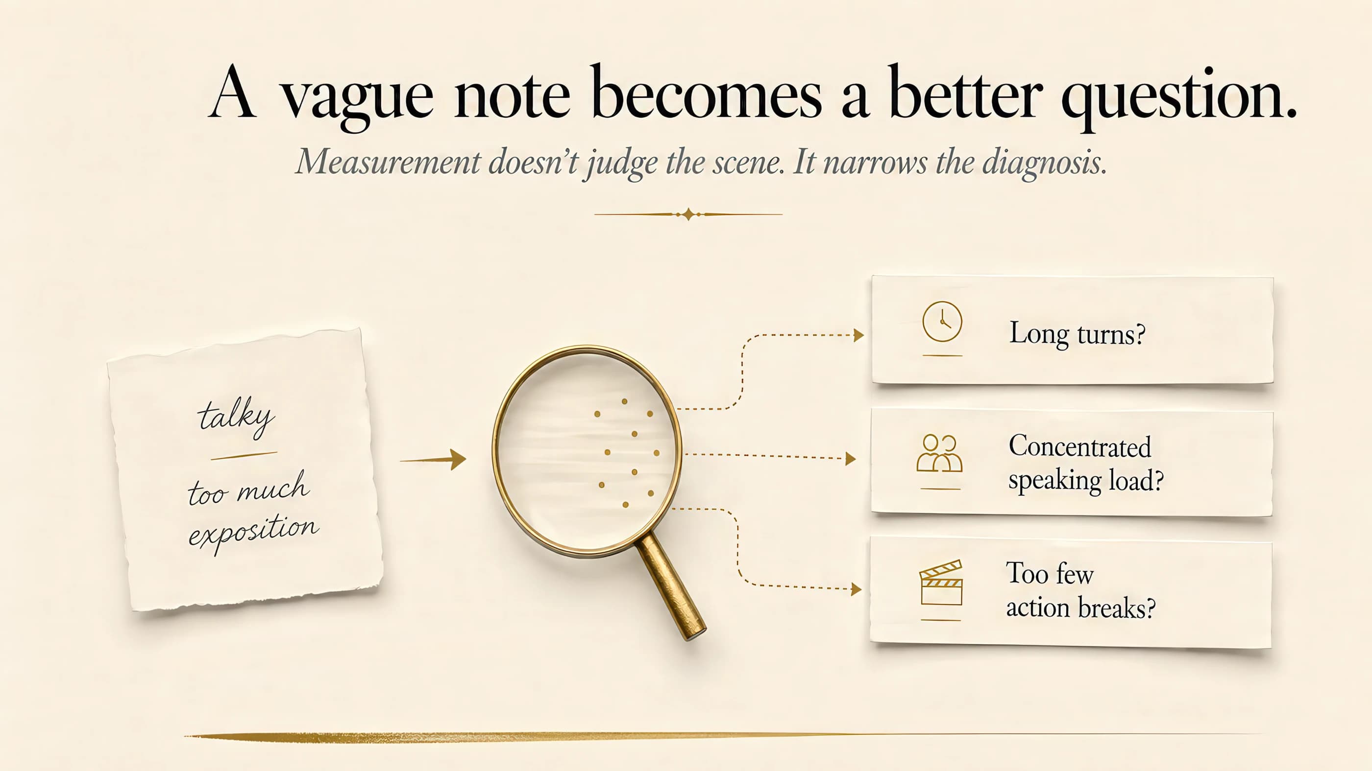 Diagram turning vague notes such as talky and too much exposition into three questions: are turns long, is speaking load concentrated, and are there too few action breaks?