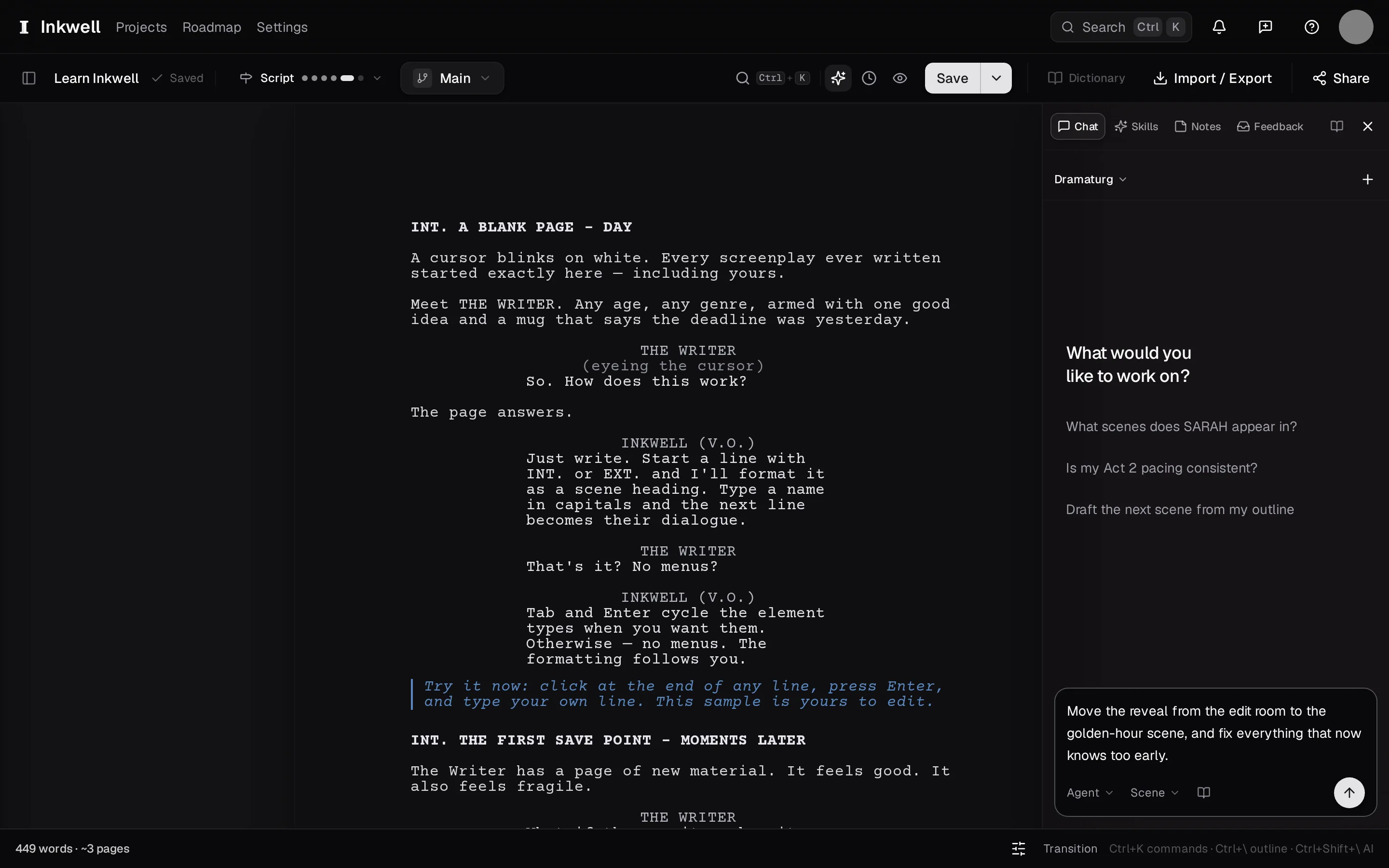 The composer switched to Agent: the mode selector (1) and a goal written as an outcome (2), ready to send.