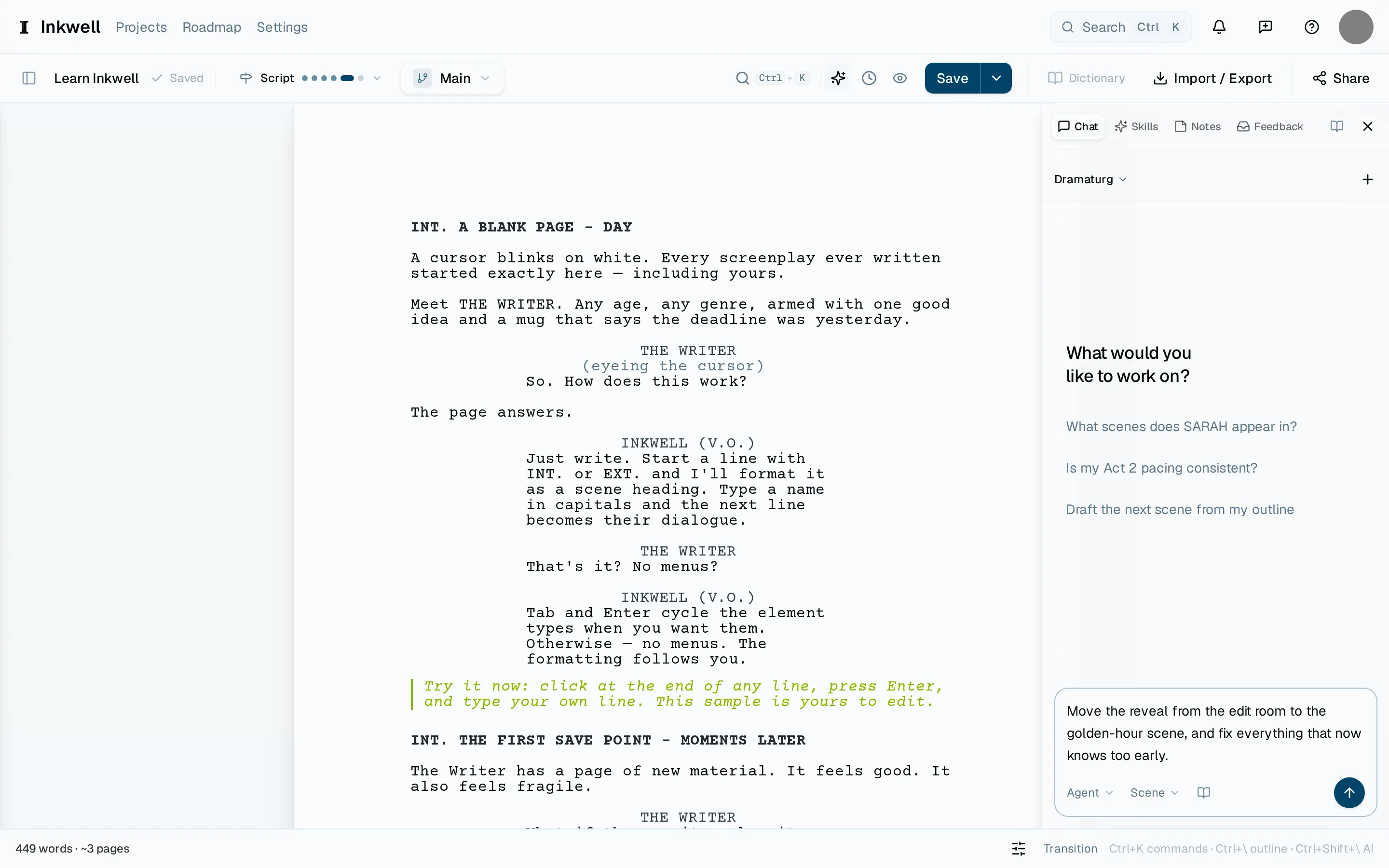 The composer switched to Agent: the mode selector (1) and a goal written as an outcome (2), ready to send.