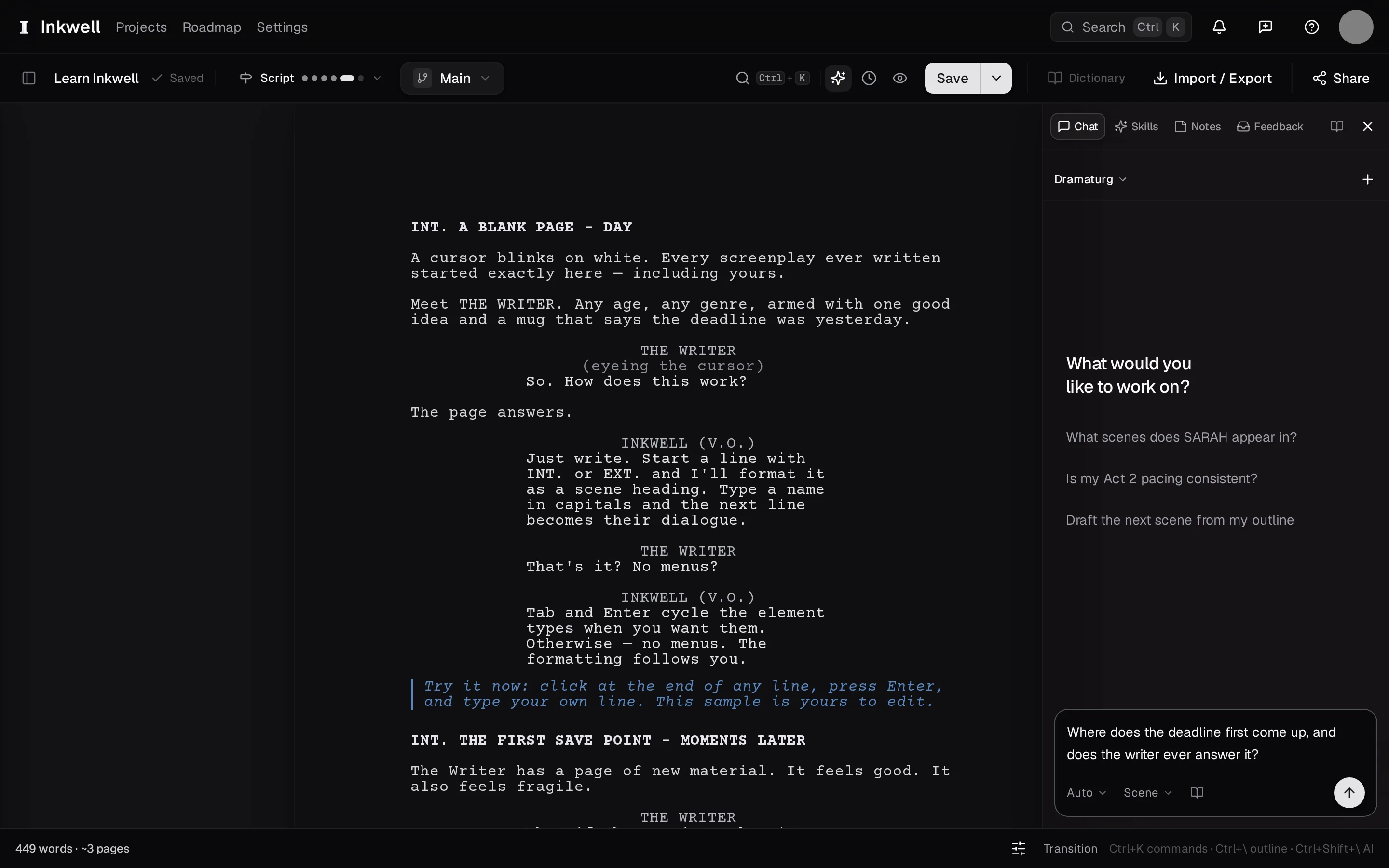 The Chat tab: the message box (1), and beneath it the mode selector (2), which starts on Auto.