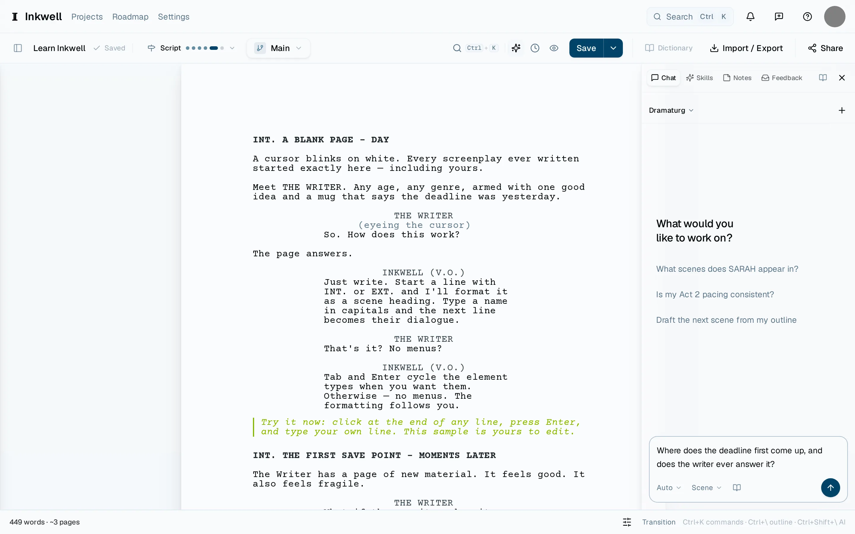 The Chat tab: the message box (1), and beneath it the mode selector (2), which starts on Auto.