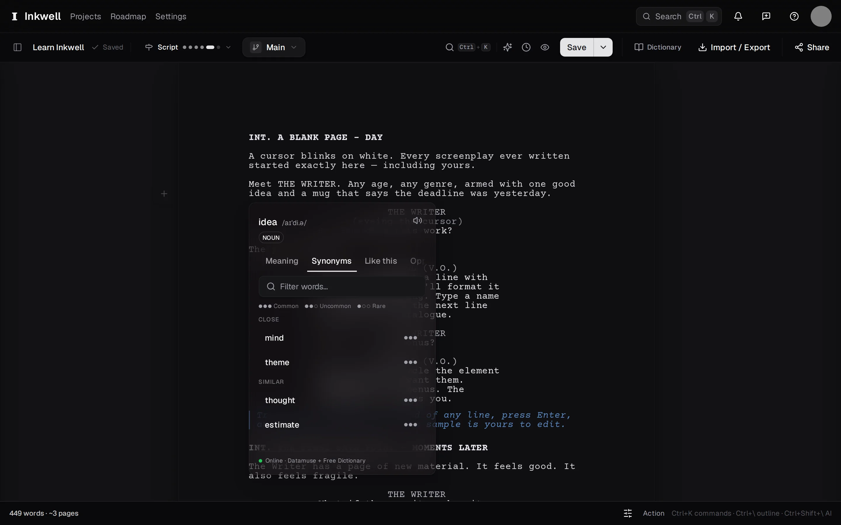 The reference panel (1) on the word idea, open on Synonyms: the tabs (2) — Meaning, Synonyms, Like this, Opposites, Related, Rhymes — and the synonyms themselves (3), closest first. Choose one to swap it onto the page.