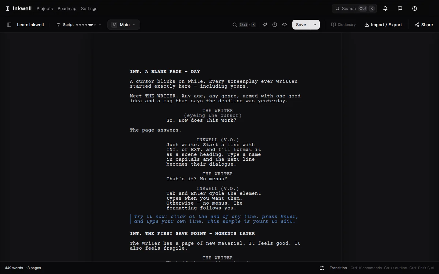 The draft-line switcher above the page: onto the experiment, then back to Main. Nothing on one line touches the other.