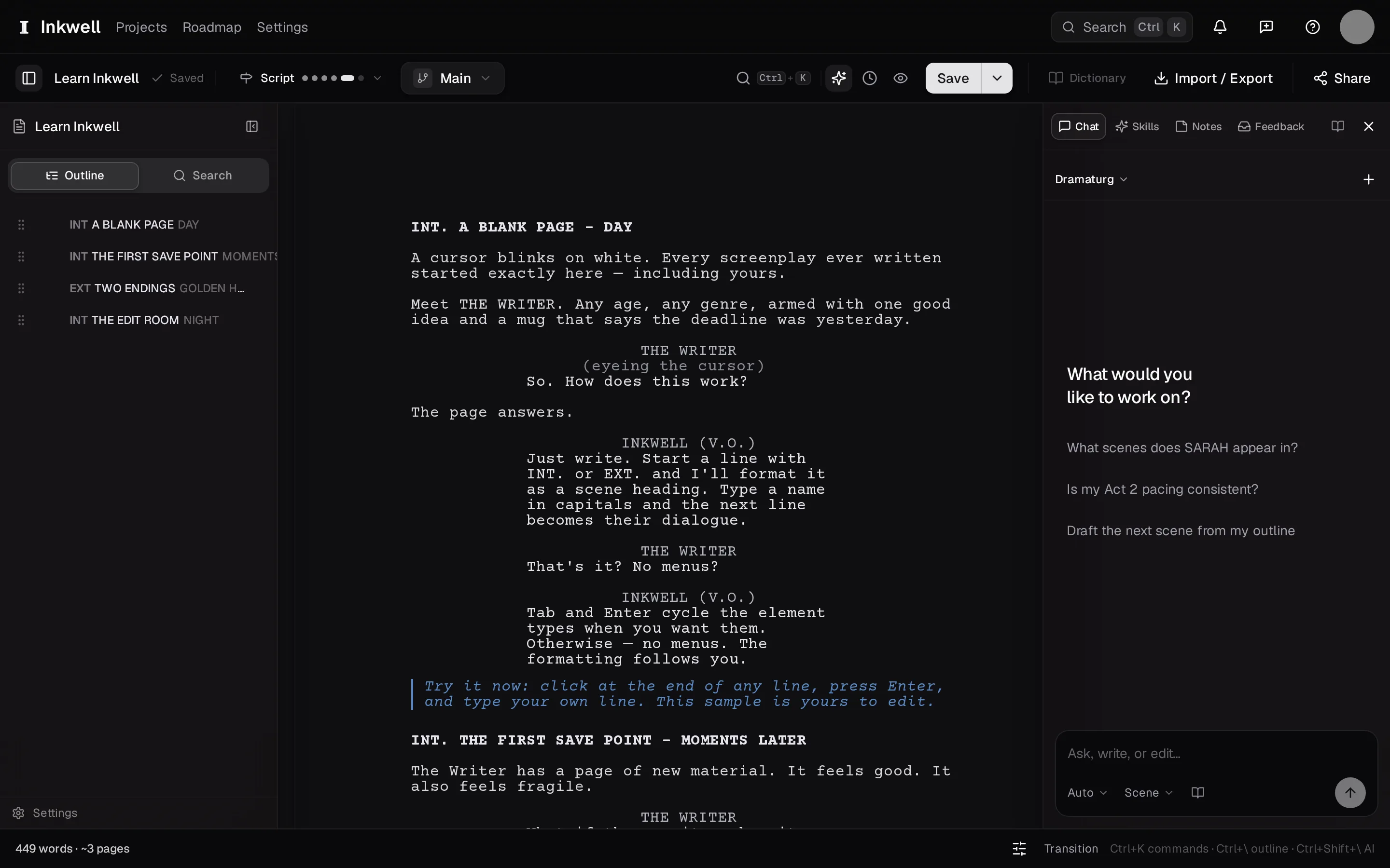 The three columns with both sidebars open: the outline (1), the page, and the companion sidebar (2). The command palette (3) reaches everything in them.