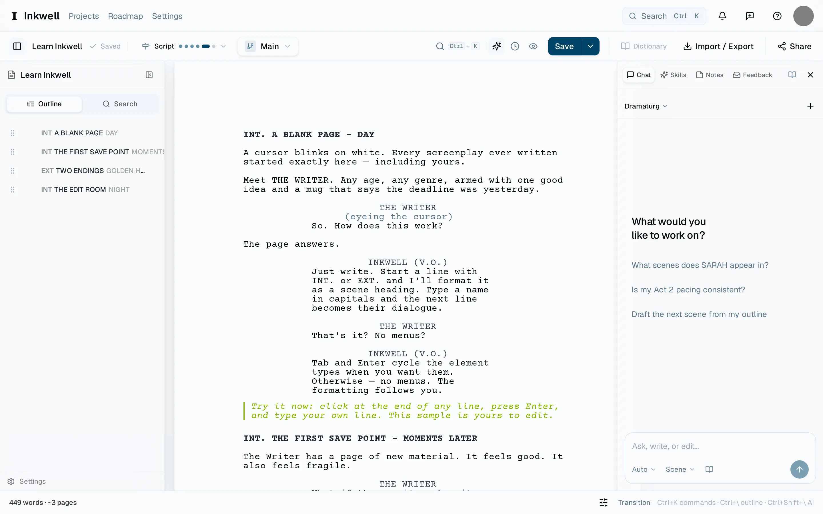 The three columns with both sidebars open: the outline (1), the page, and the companion sidebar (2). The command palette (3) reaches everything in them.