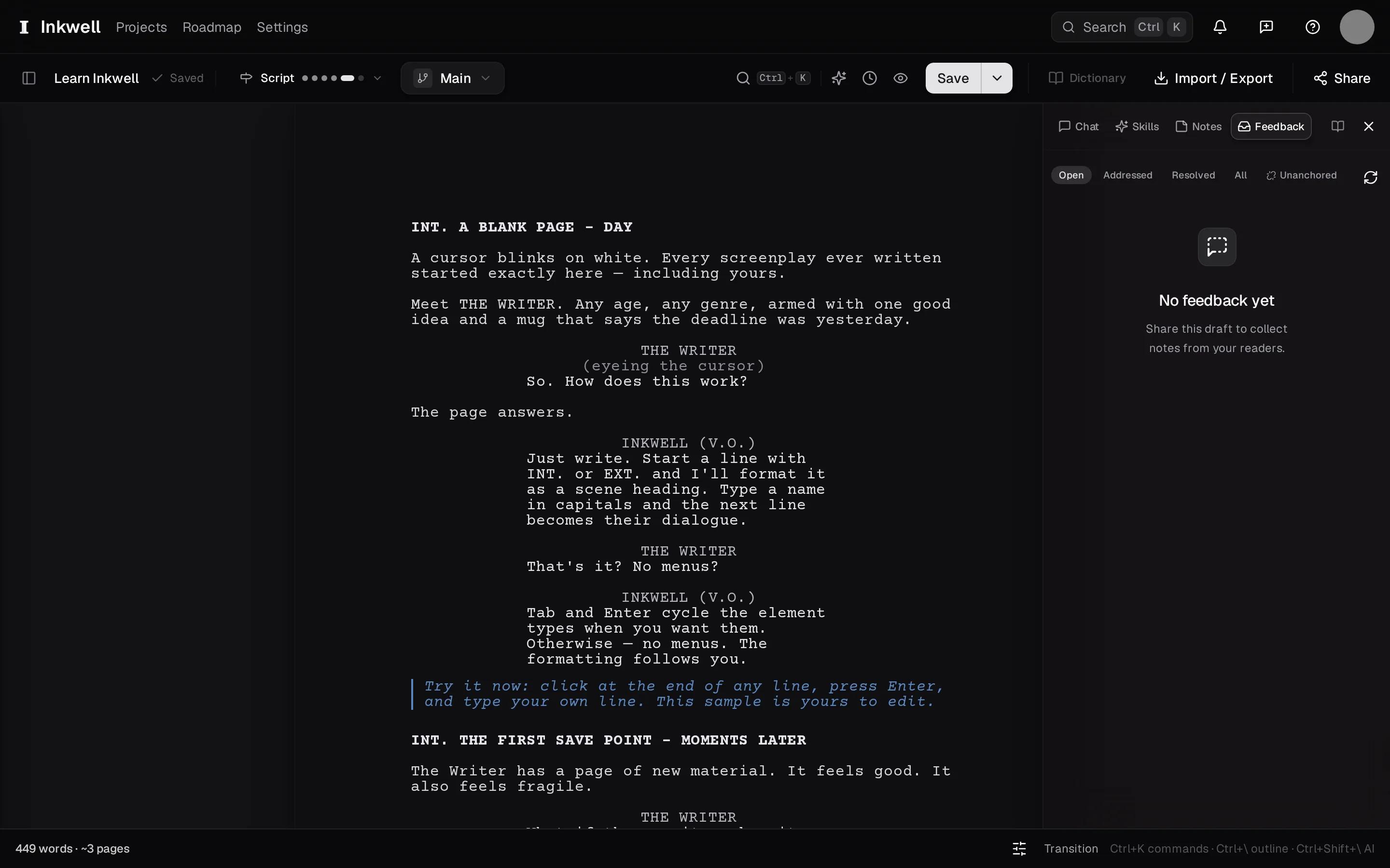 The Feedback tab before any notes arrive: the status filter (1) — open, addressed, resolved — and the list (2) where each reader's note lands, pinned to its line.