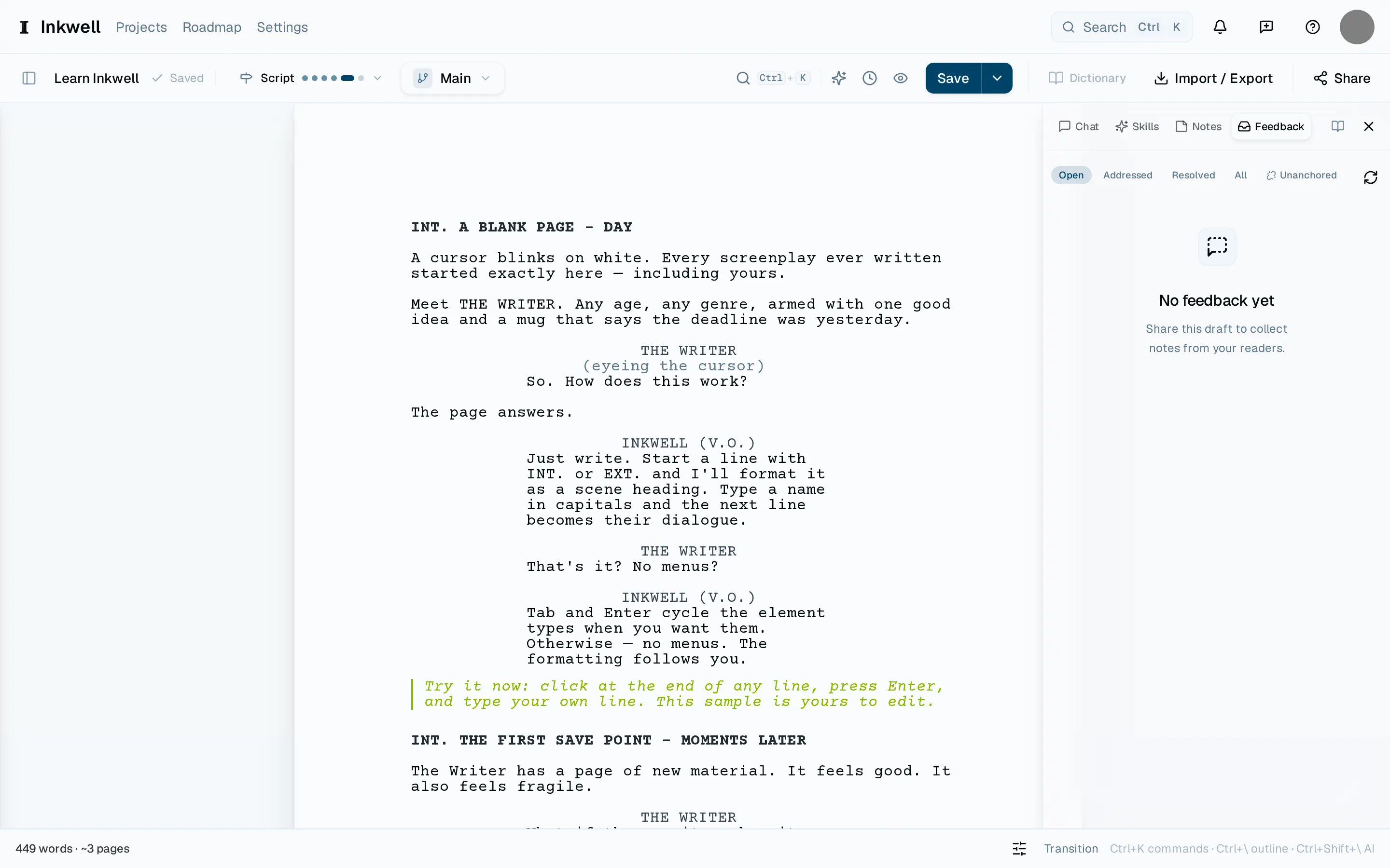 The Feedback tab before any notes arrive: the status filter (1) — open, addressed, resolved — and the list (2) where each reader's note lands, pinned to its line.