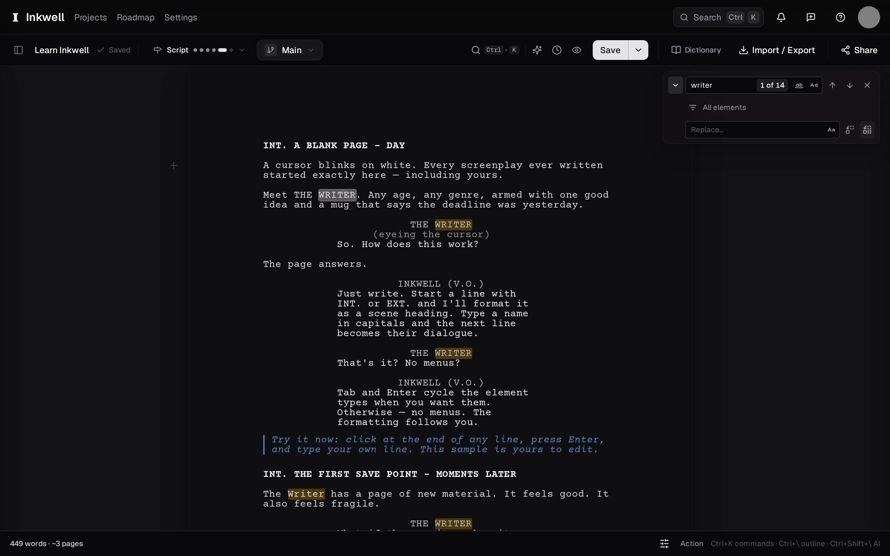 The find bar above the page: the search box (1), the match controls with Previous and Next (2), and the Replace toggle (3) that opens the second field.