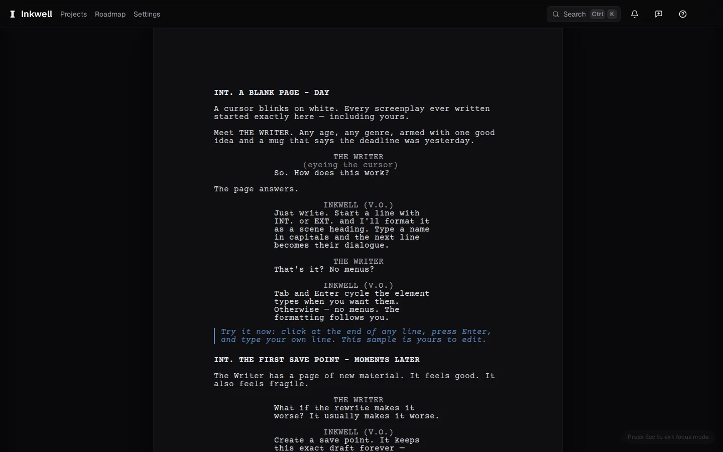 Focus mode on and off: the chrome folds away and the page centers, then Esc brings everything back where it was.