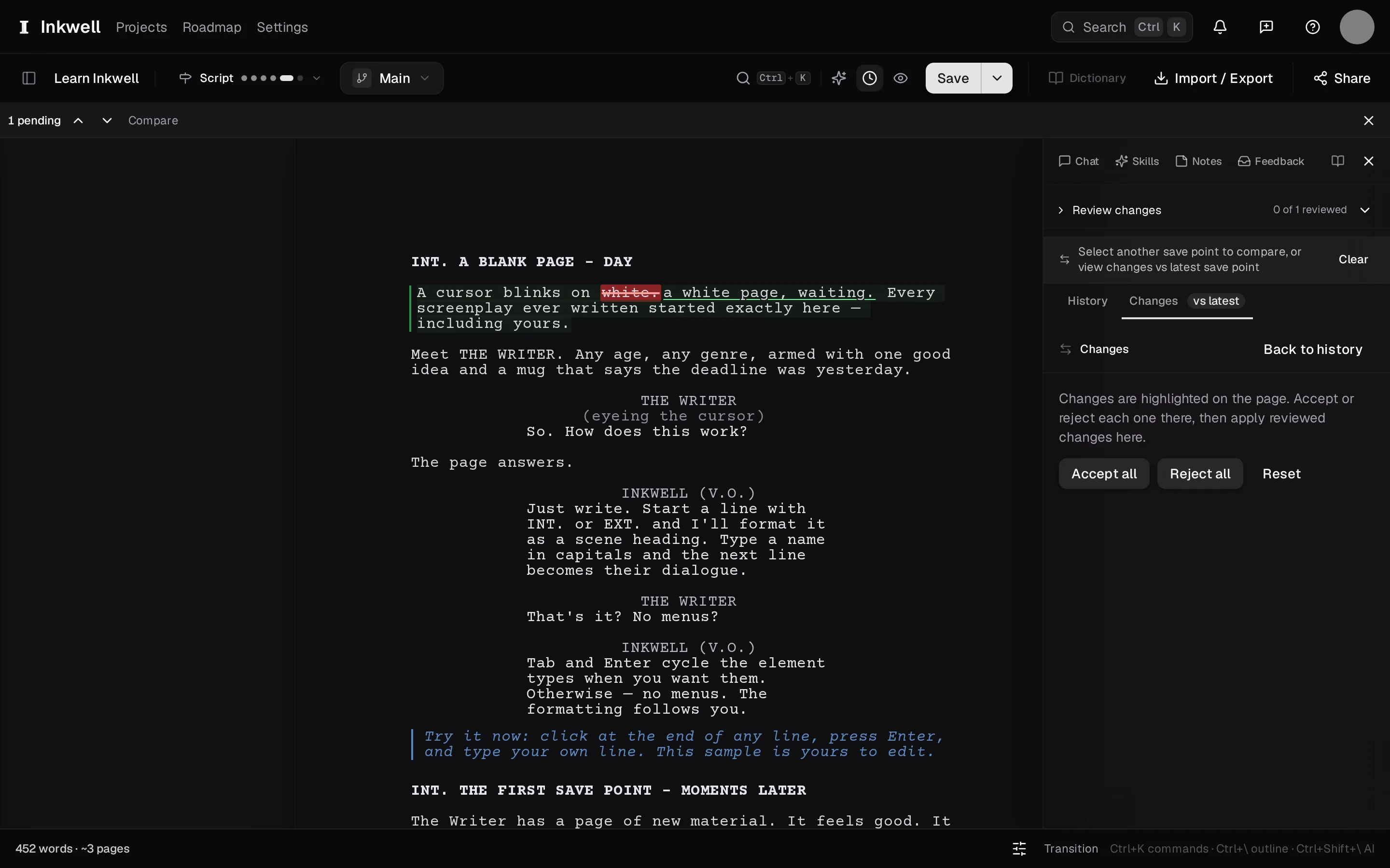 Two save points compared in History: the changes between them as markup on the page, the bar (1) that steps through them, and the Changes tab (2) with the list. A comparison is for reading — the accept and reject controls belong to a review.