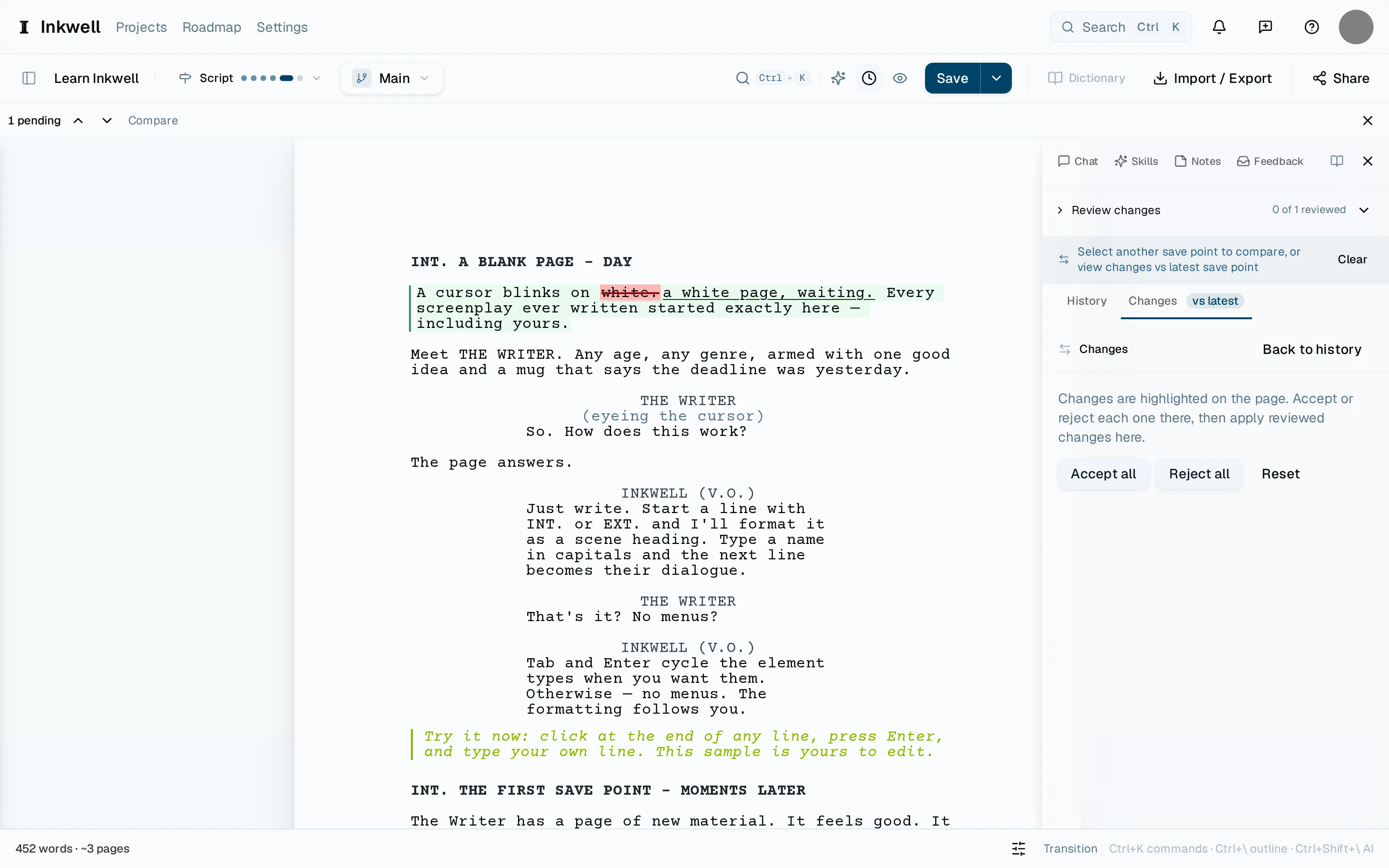 Two save points compared in History: the changes between them as markup on the page, the bar (1) that steps through them, and the Changes tab (2) with the list. A comparison is for reading — the accept and reject controls belong to a review.