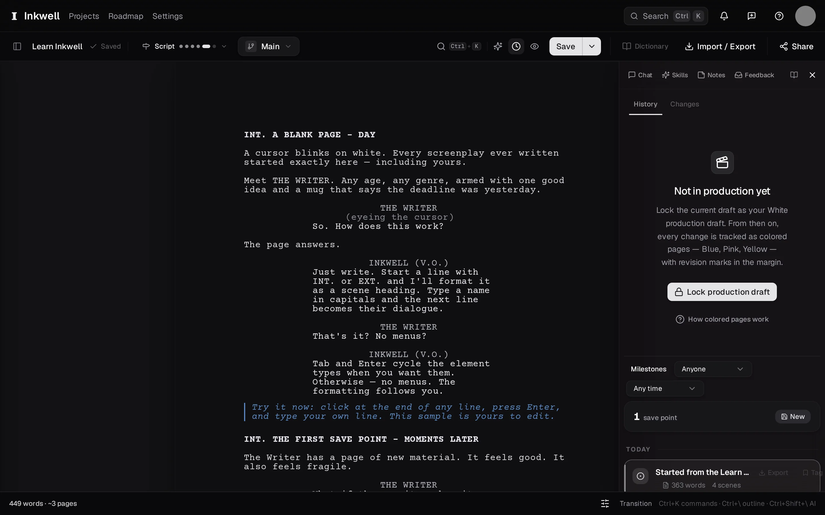 The History tab — every save point in order, newest first (1). The draft-line switcher above the page (2) names the line whose history you are reading.