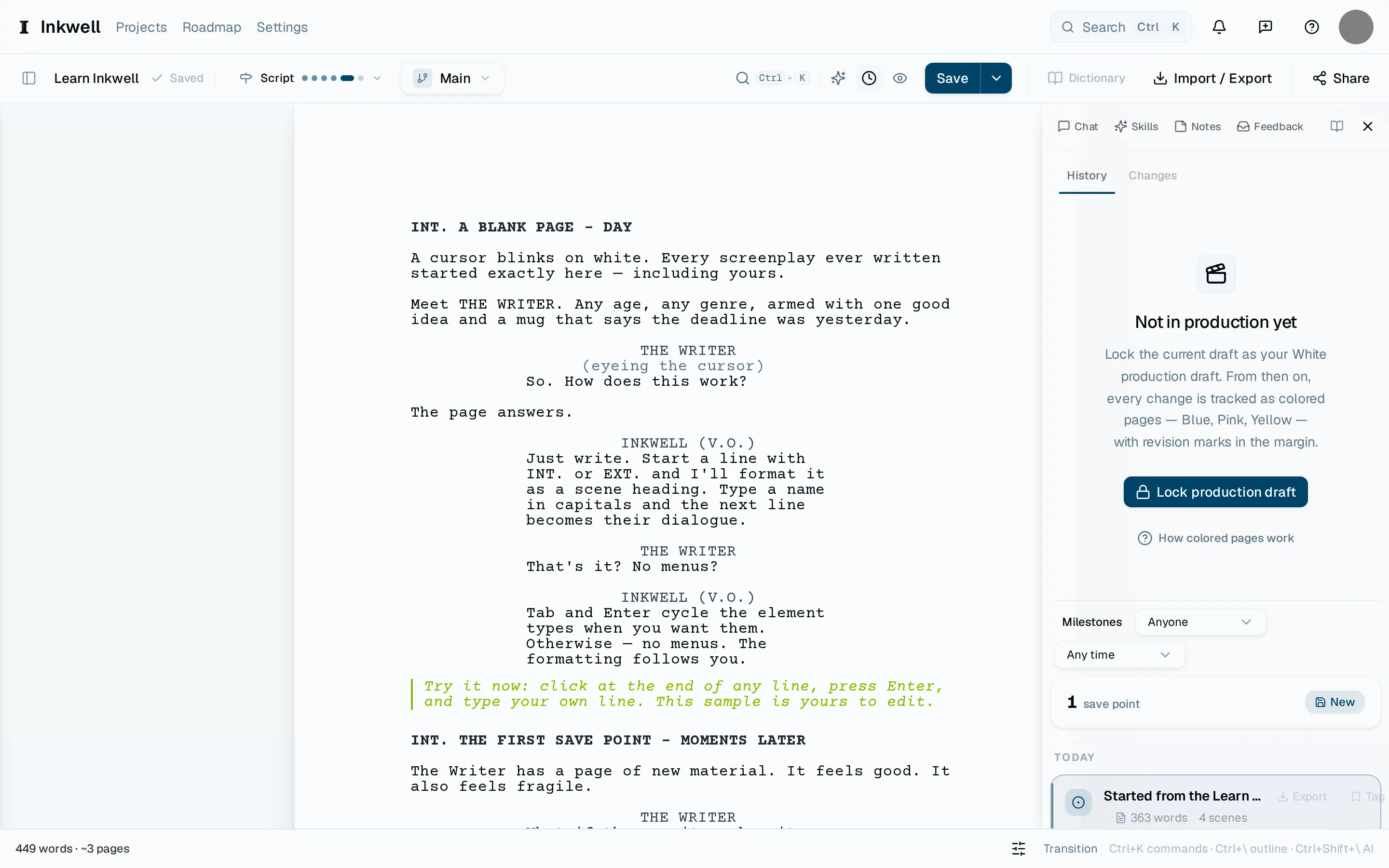 The History tab — every save point in order, newest first (1). The draft-line switcher above the page (2) names the line whose history you are reading.