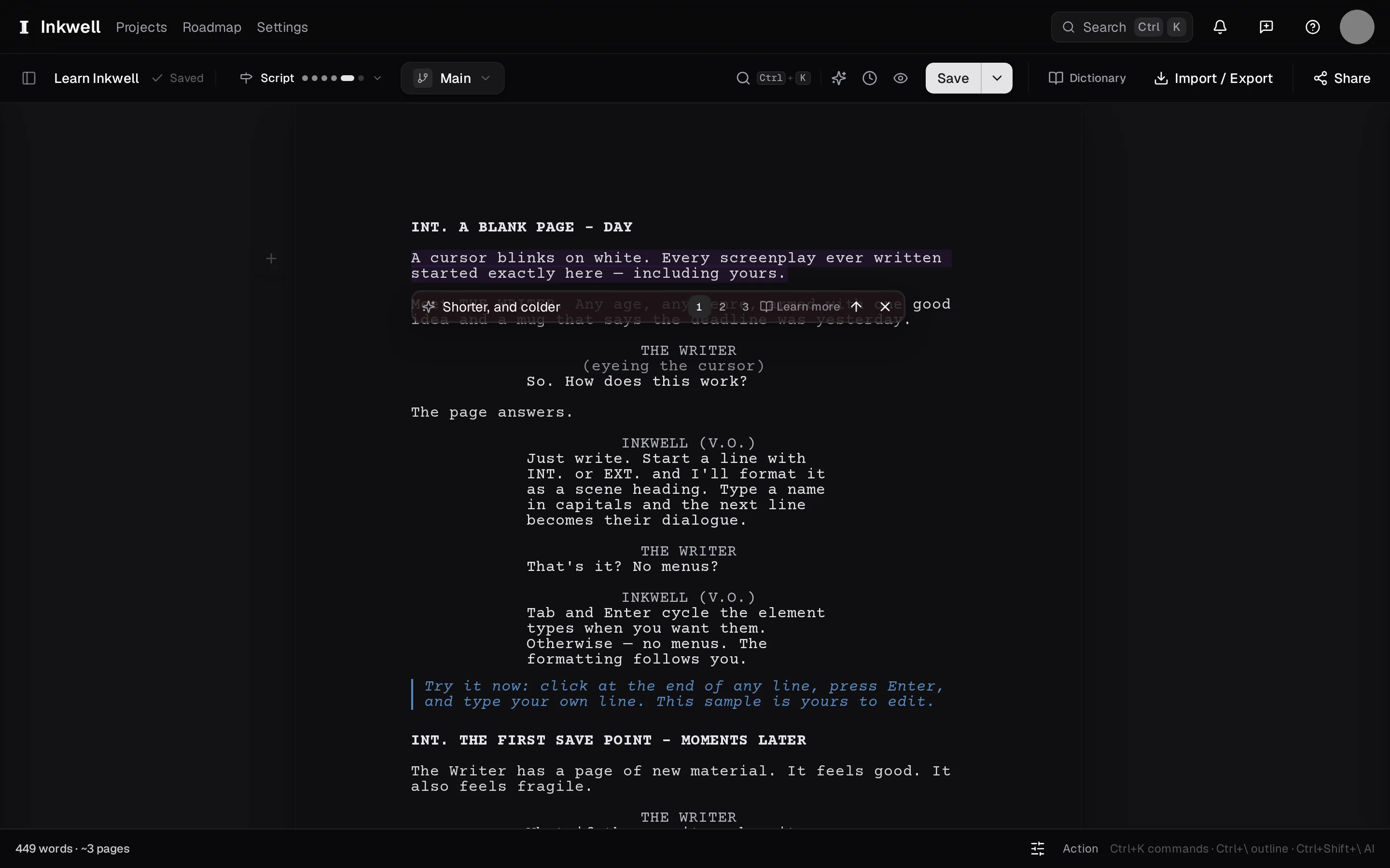 The inline edit bar at a selected paragraph (1): say what should change and press Enter.