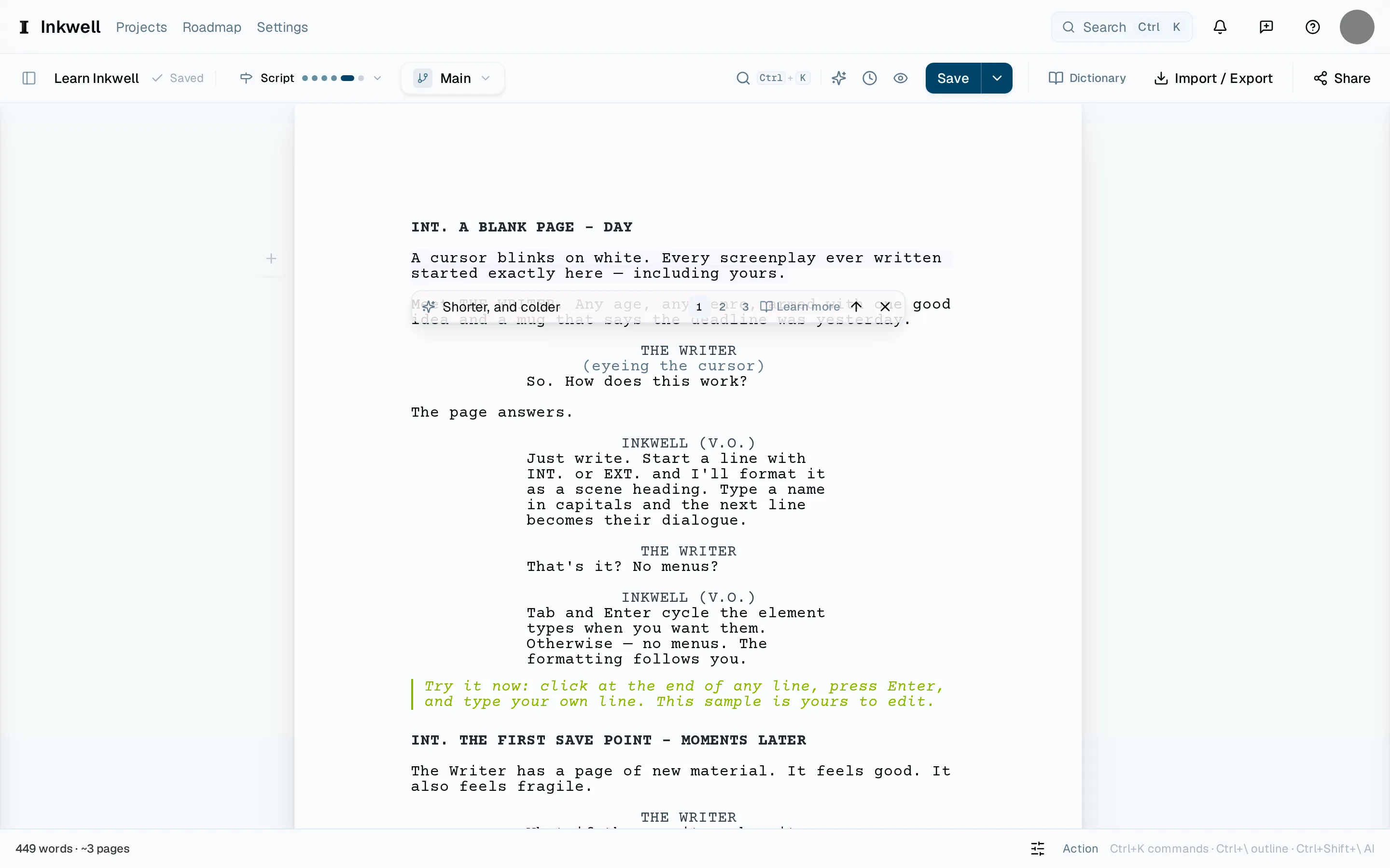 The inline edit bar at a selected paragraph (1): say what should change and press Enter.