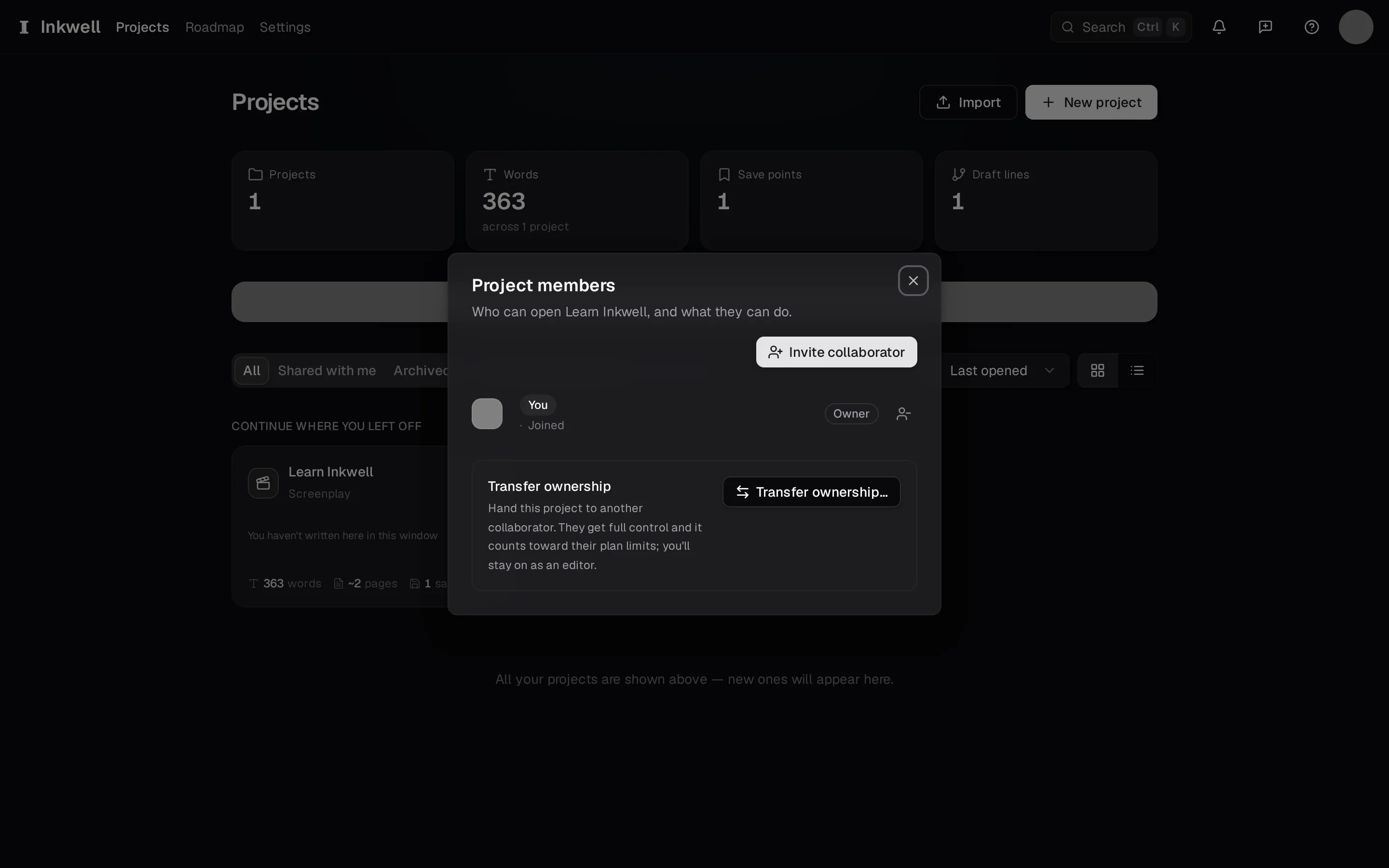 A project's Members dialog (1): who has access and with which role, and Invite collaborator (2) to add someone by email.