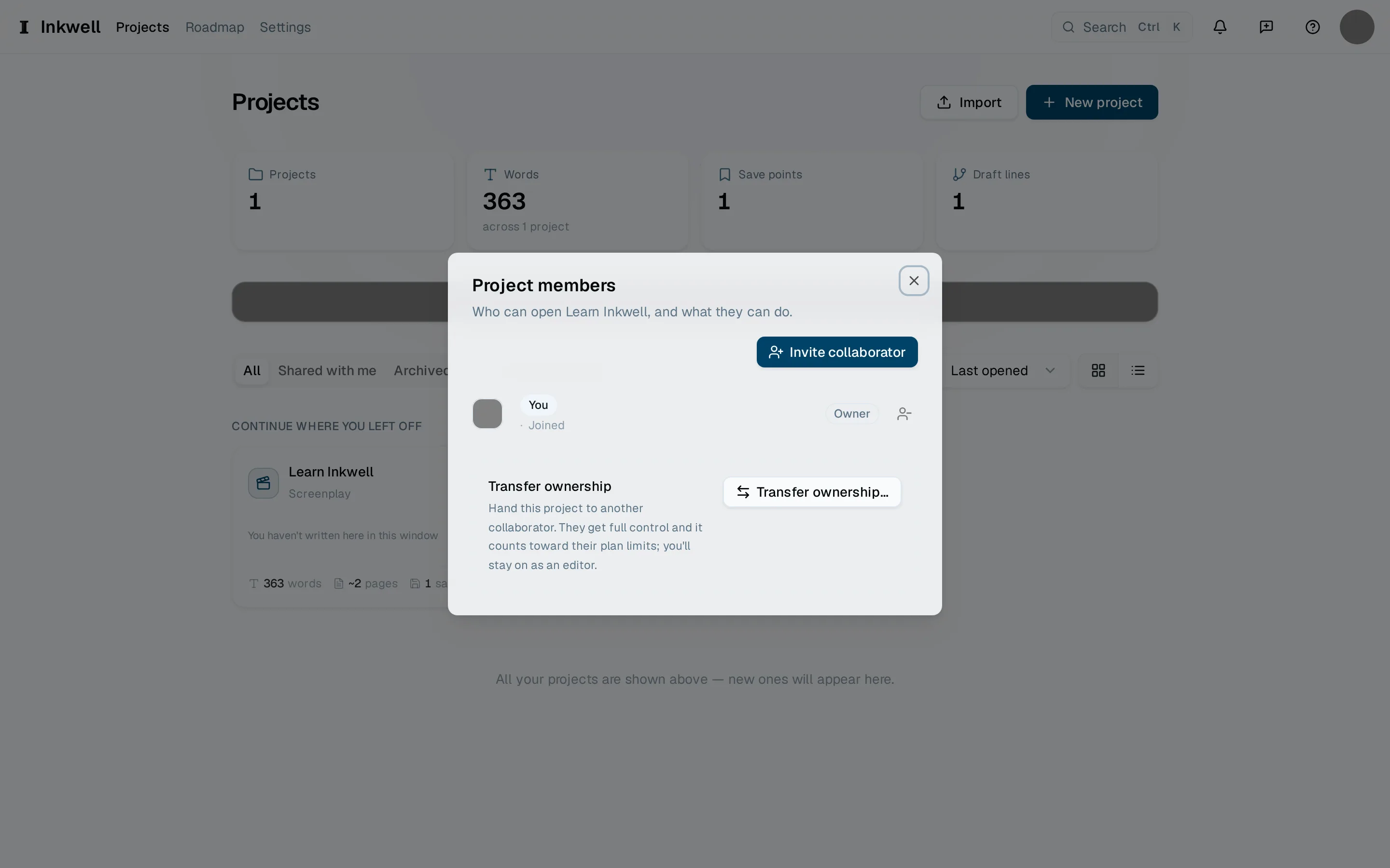 A project's Members dialog (1): who has access and with which role, and Invite collaborator (2) to add someone by email.