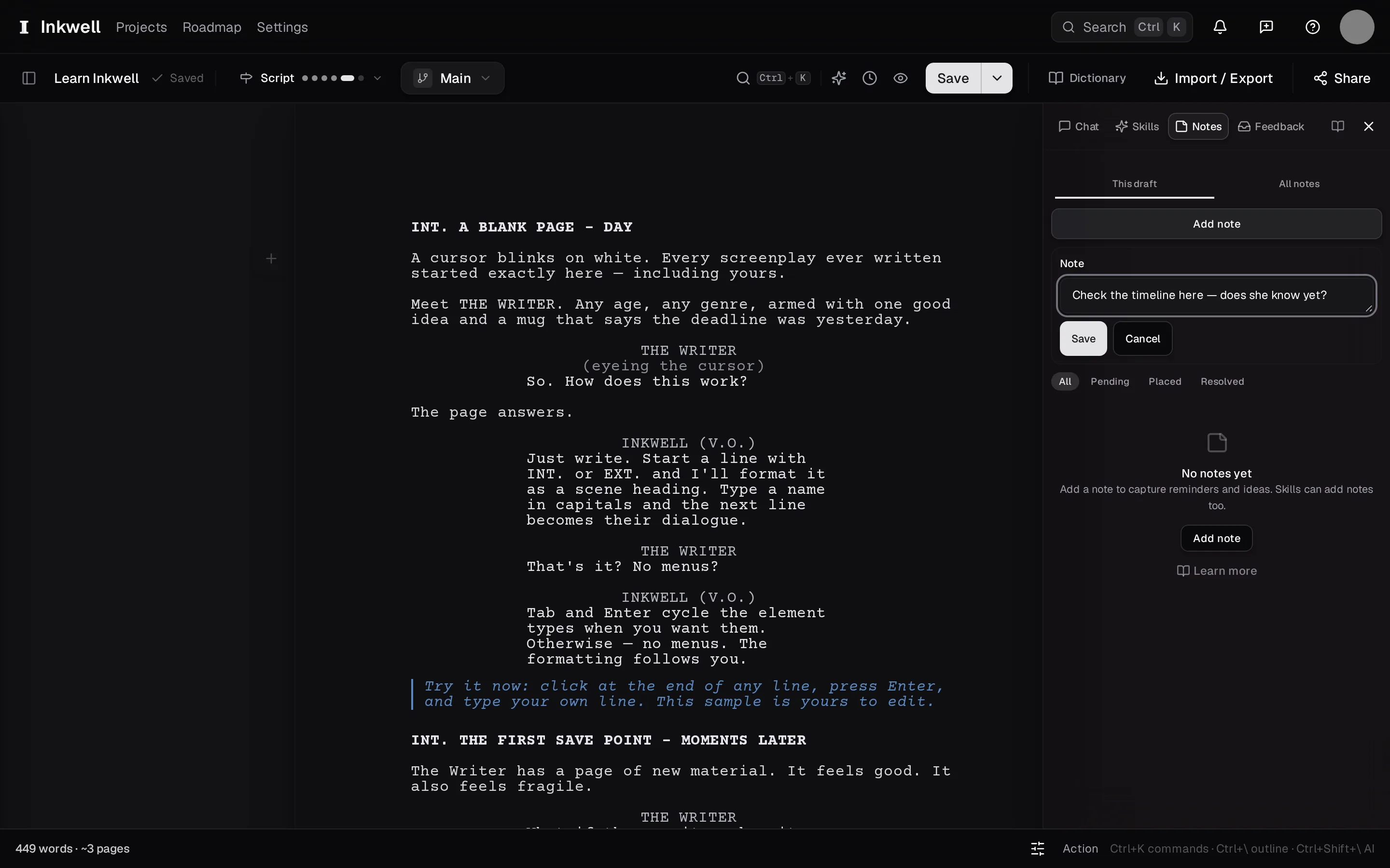 The Notes tab: Add note (1) opens the composer (2) for the scene under the cursor, and the filter (3) shows every note, or only the pending, placed, or resolved ones.