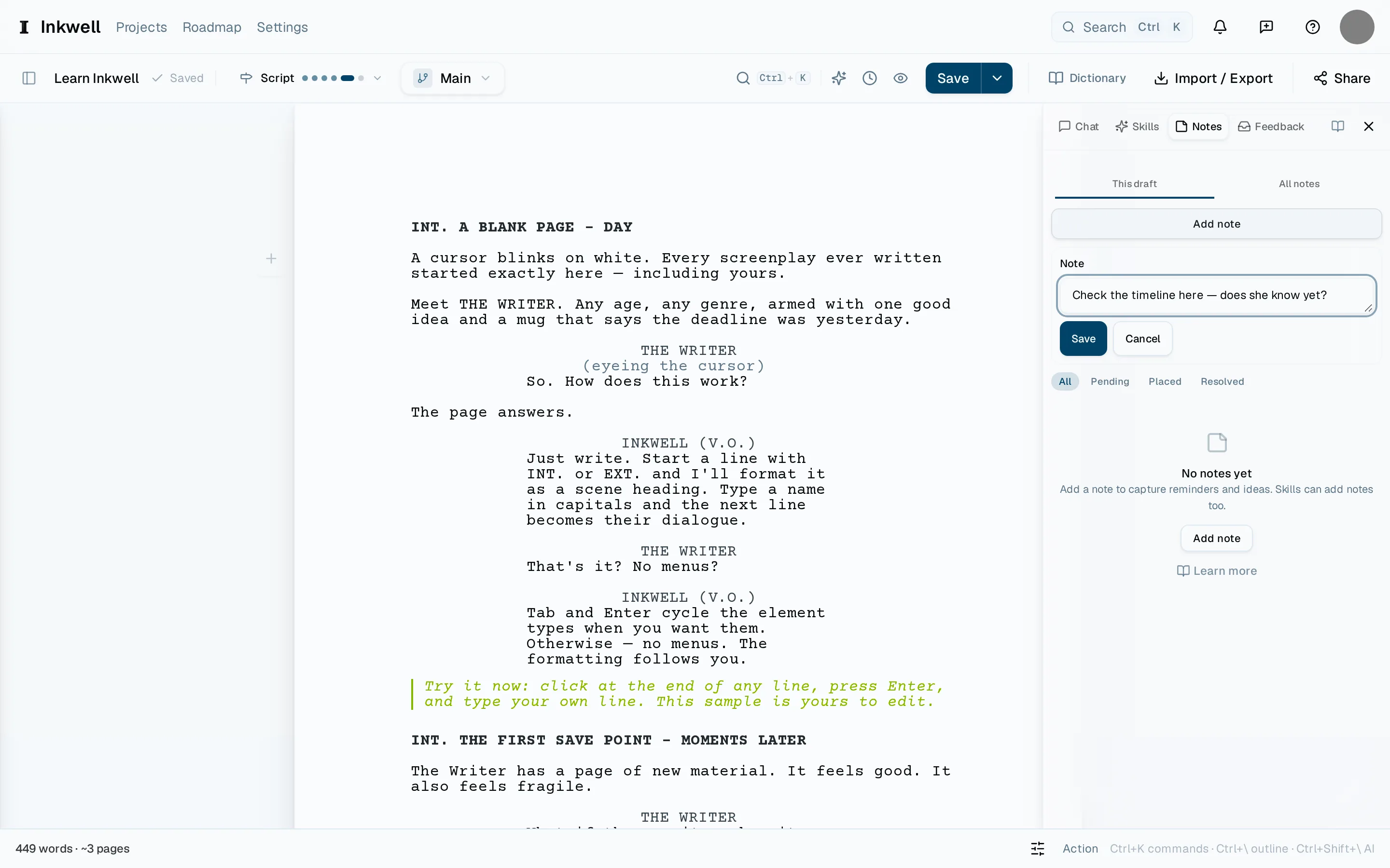 The Notes tab: Add note (1) opens the composer (2) for the scene under the cursor, and the filter (3) shows every note, or only the pending, placed, or resolved ones.