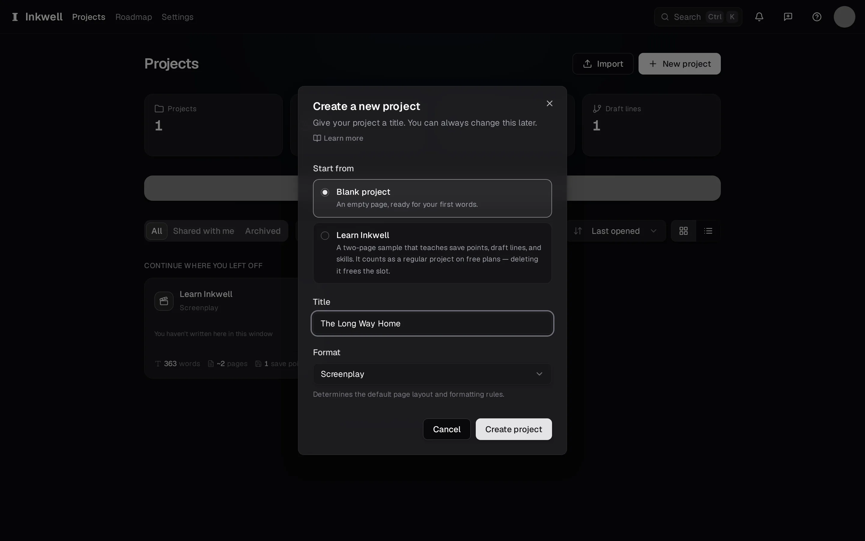 The new-project dialog: choose where to start (1), give the project a title (2), pick its format (3), and create it (4).