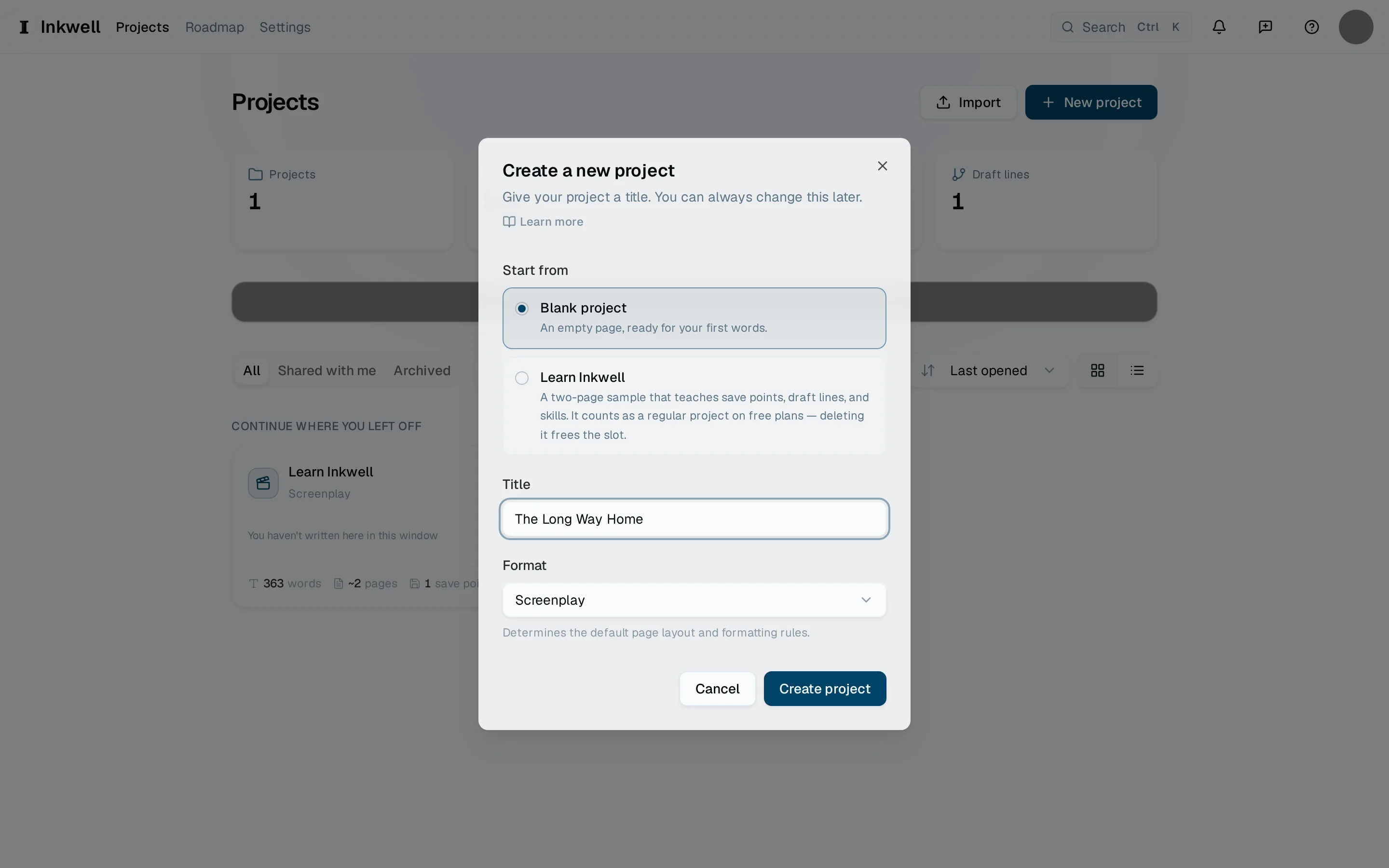 The new-project dialog: choose where to start (1), give the project a title (2), pick its format (3), and create it (4).