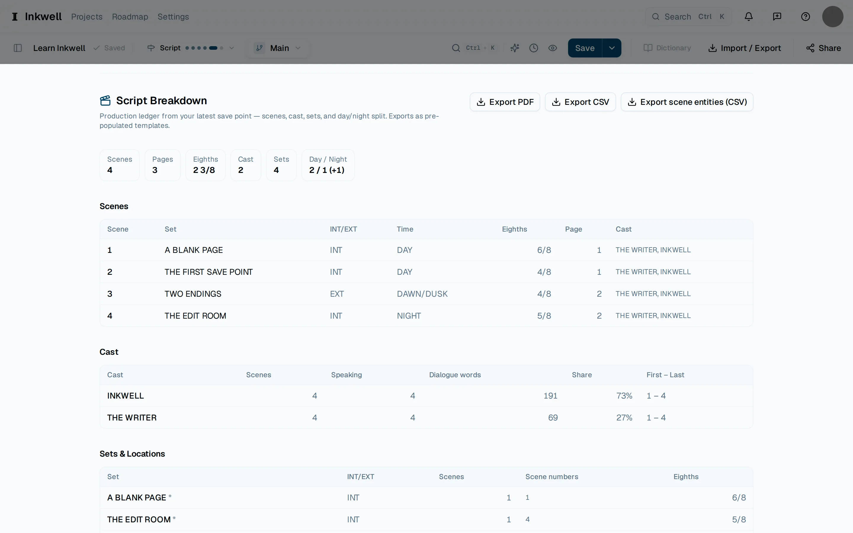 The Script Breakdown in the reports panel (1): one row per scene with its set, INT or EXT, time of day, length in eighths, page, and cast. Export CSV (2) writes it for a scheduling tool.