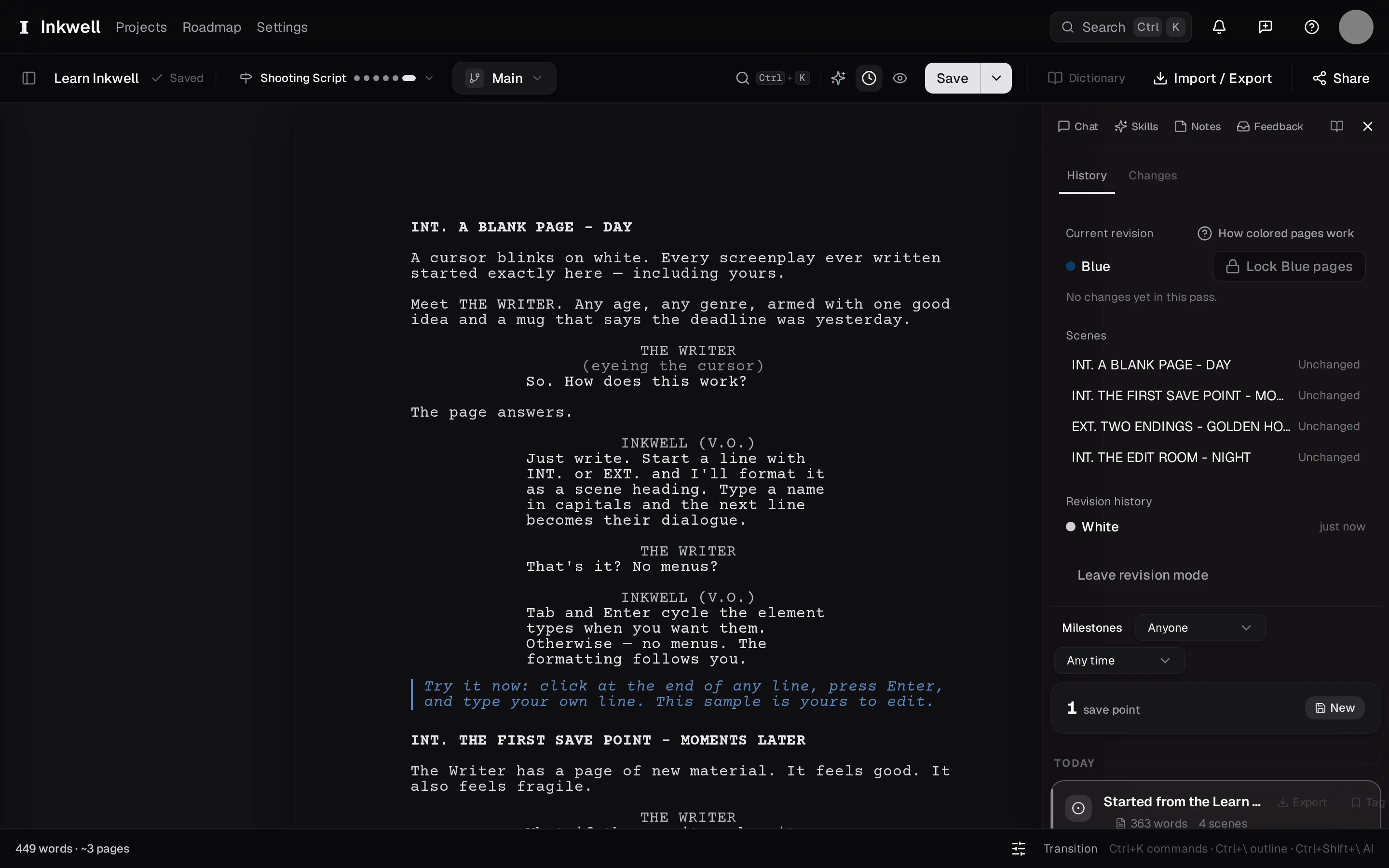 The revision panel in the History tab once the draft is locked: the current revision and its color (1), each scene's revised status (2), and Lock Blue pages (3), which issues the Blue revision and starts the next color.
