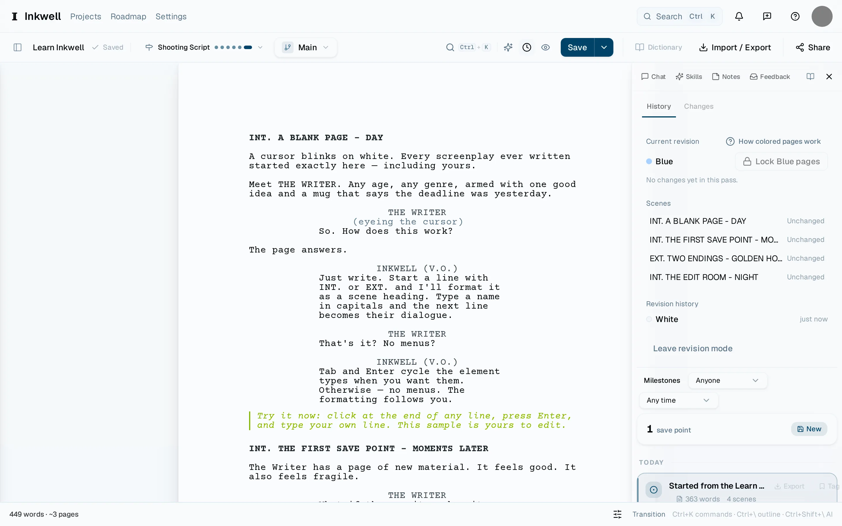 The revision panel in the History tab once the draft is locked: the current revision and its color (1), each scene's revised status (2), and Lock Blue pages (3), which issues the Blue revision and starts the next color.