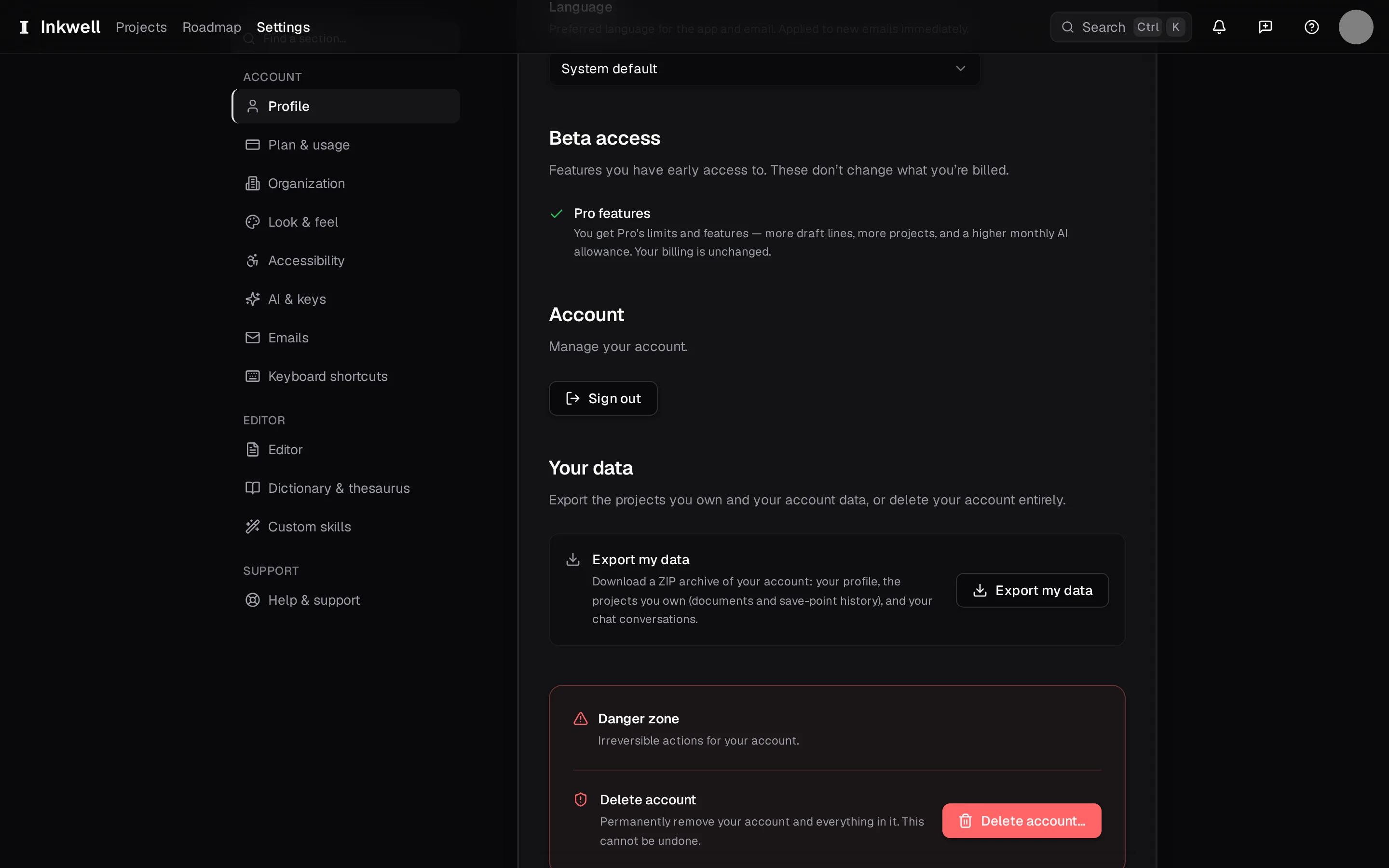 Further down the Profile page: Export my data (1) sits above the danger zone (2), where Delete account lives.