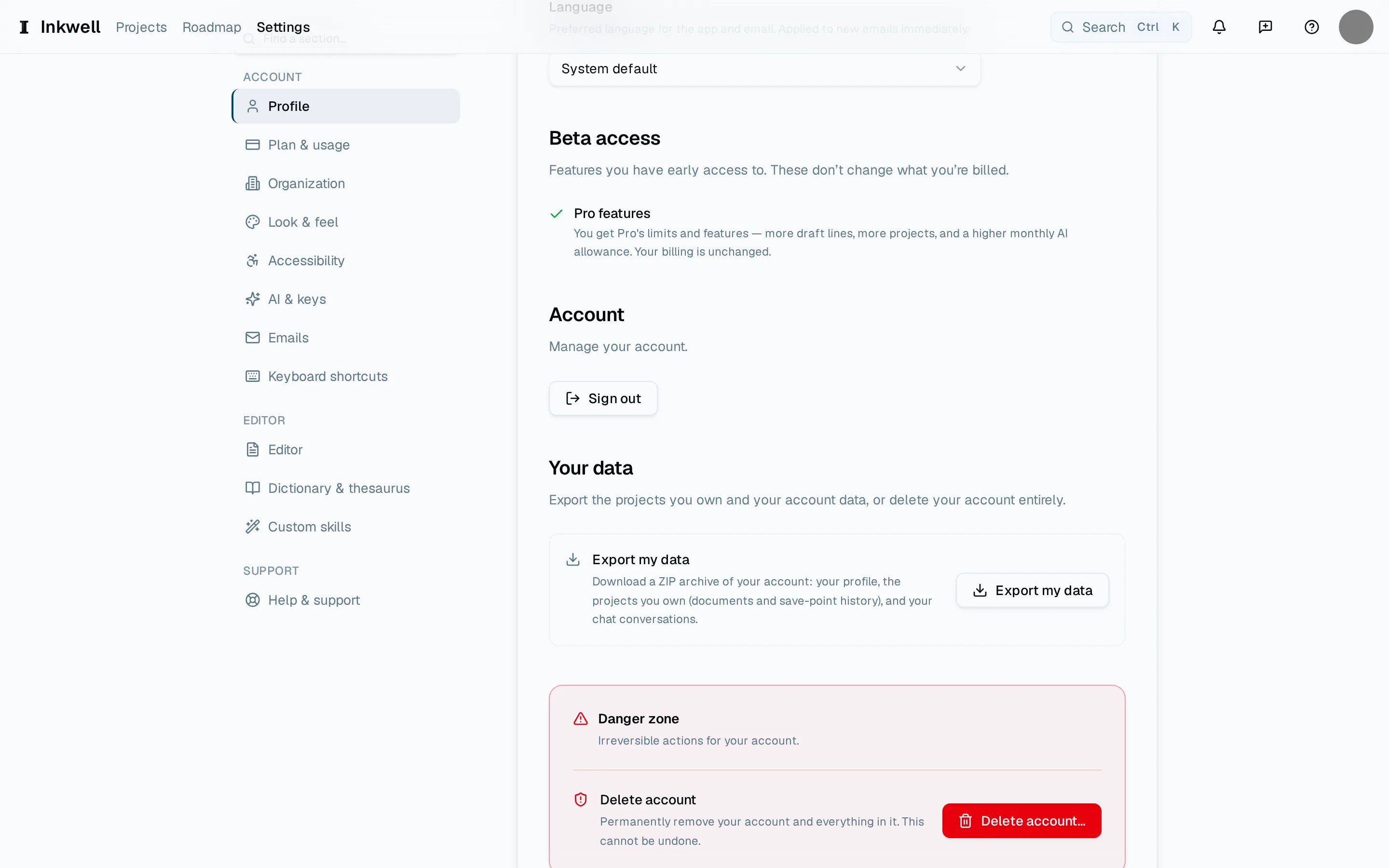 Further down the Profile page: Export my data (1) sits above the danger zone (2), where Delete account lives.