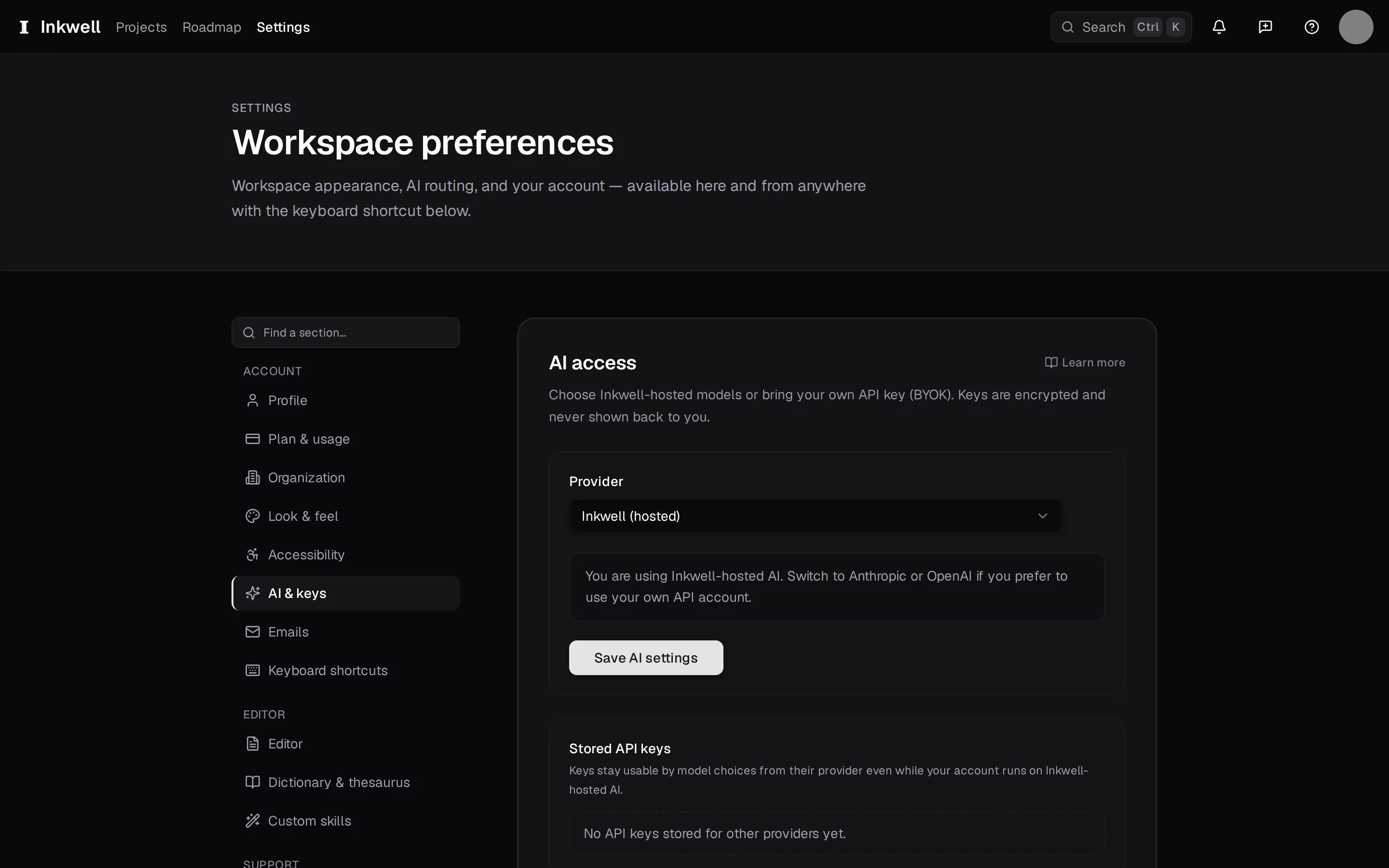 Settings → AI & keys: the provider menu (1) — Inkwell hosted unless you change it — the button that saves that choice (2), and the keys you have stored (3) below it.