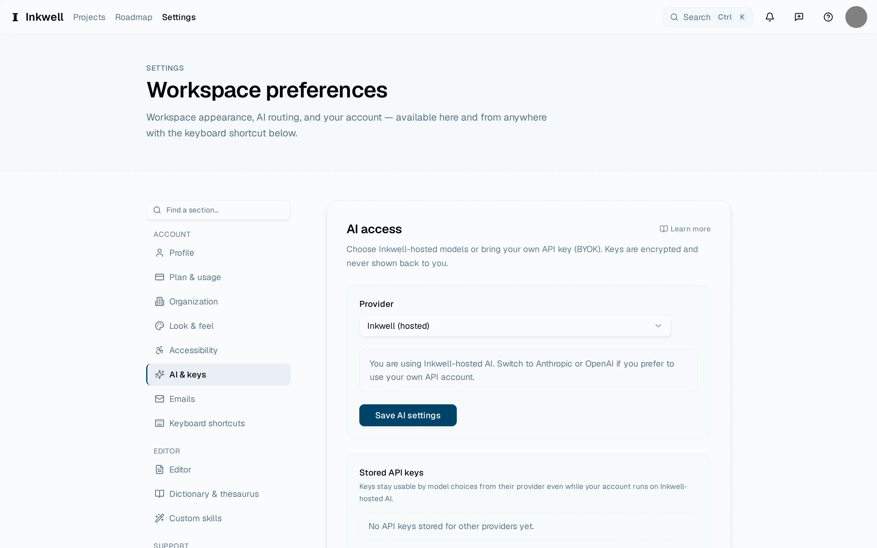 Settings → AI & keys: the provider menu (1) — Inkwell hosted unless you change it — the button that saves that choice (2), and the keys you have stored (3) below it.