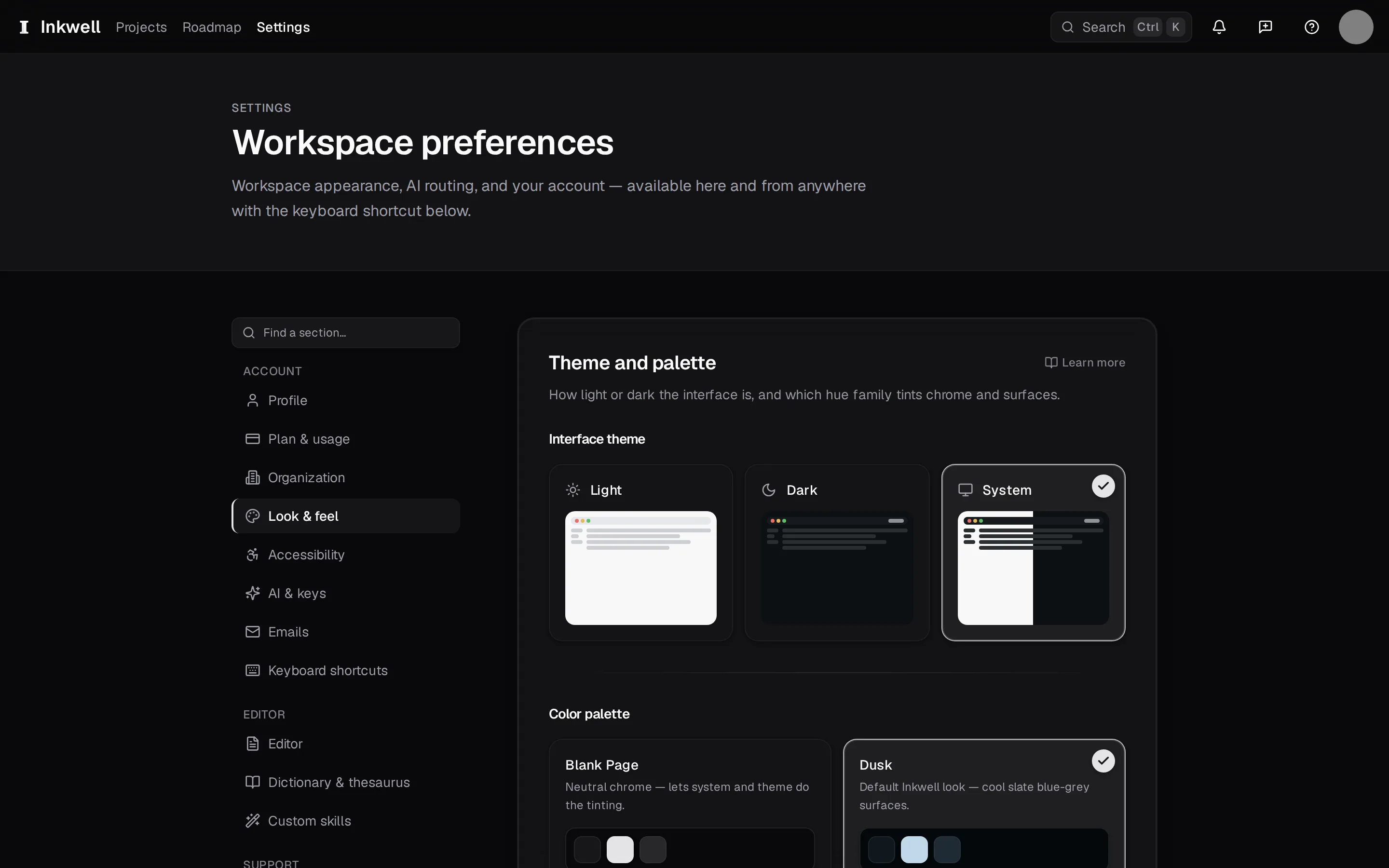 Settings: the section list (1), and first among them Look & feel (2) — theme, palette, glass, density, and text size.