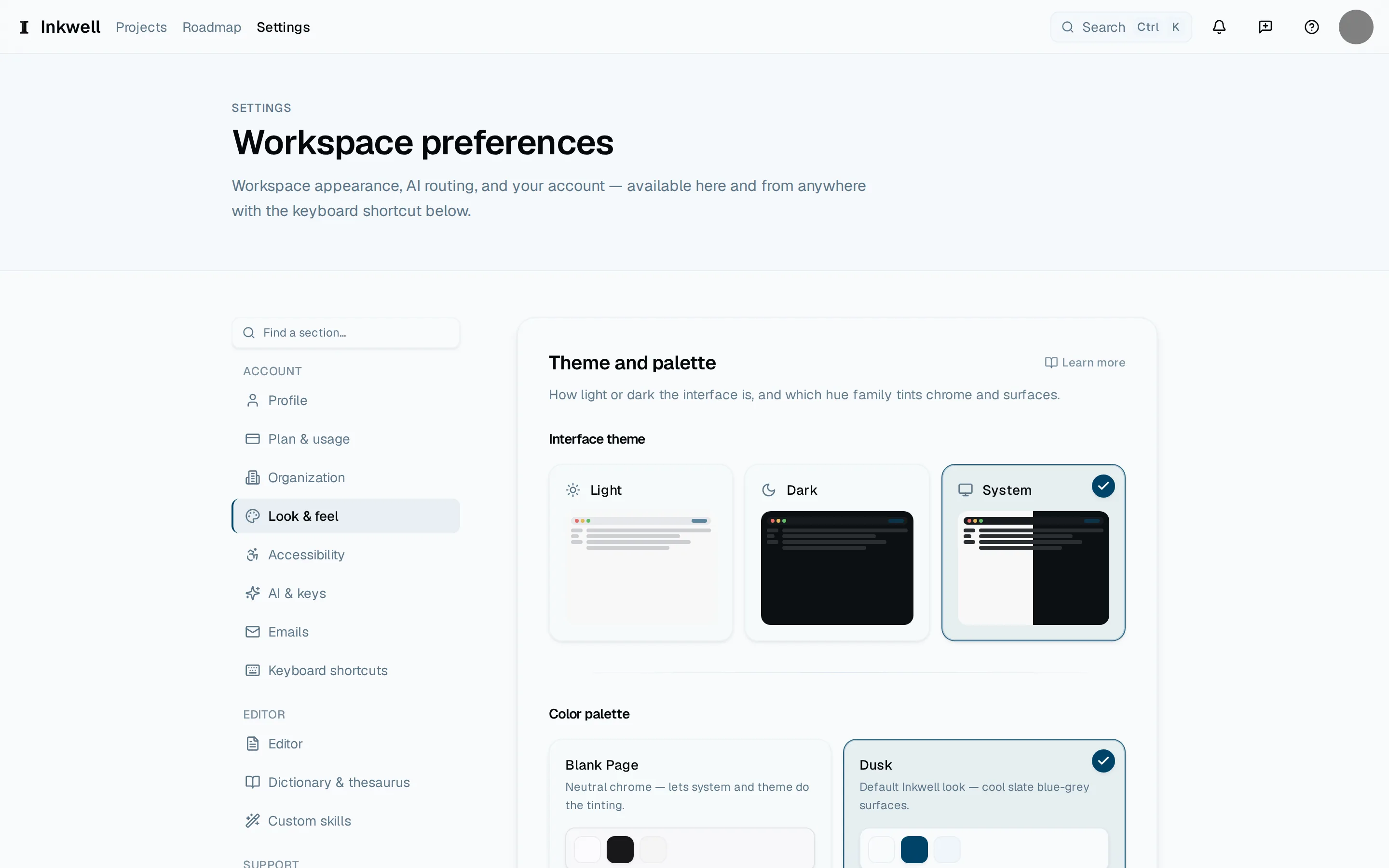 Settings: the section list (1), and first among them Look & feel (2) — theme, palette, glass, density, and text size.