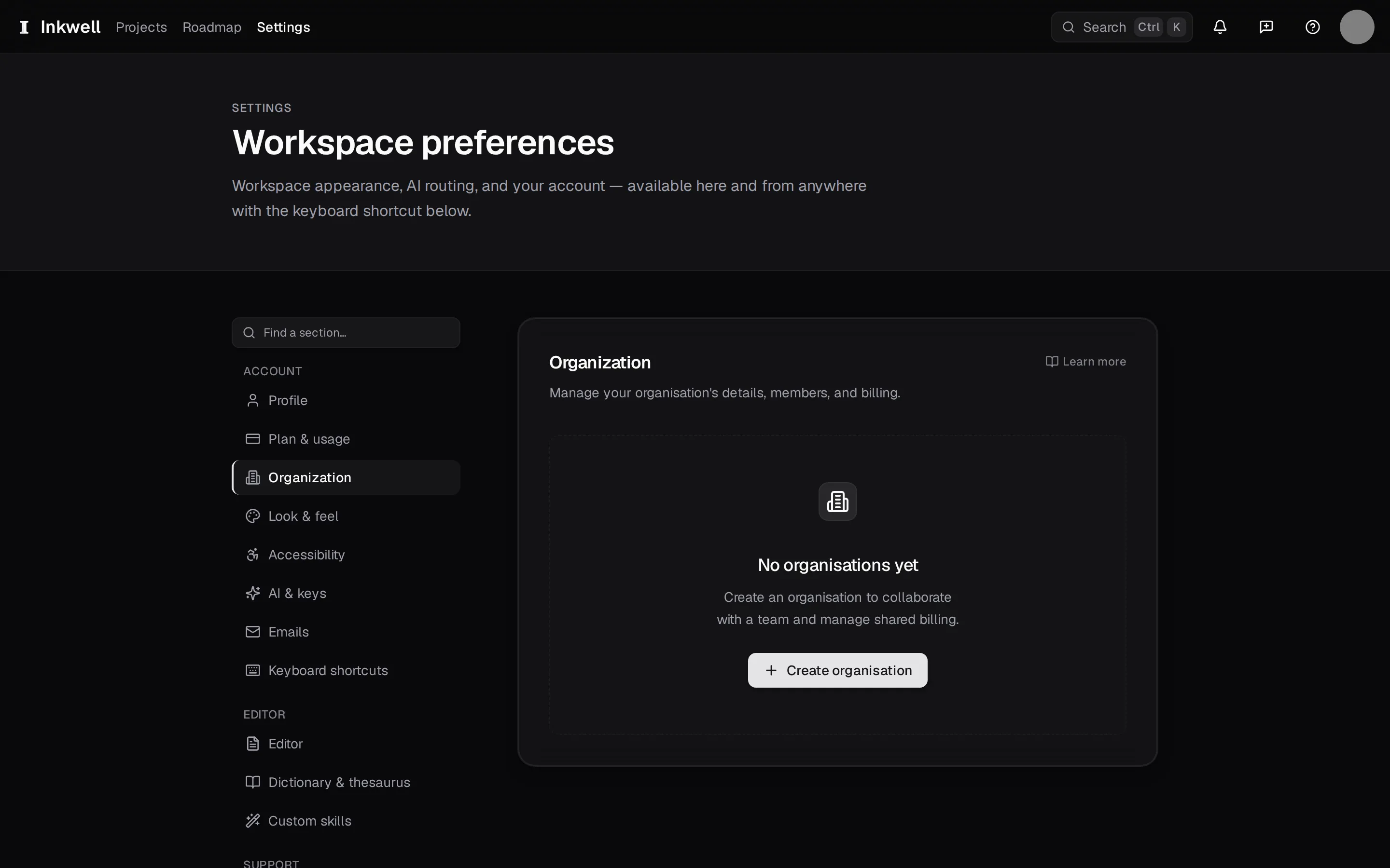 Settings → Organization before a workspace exists: the settings navigation (1) and Create organization (2), which starts a Team workspace.