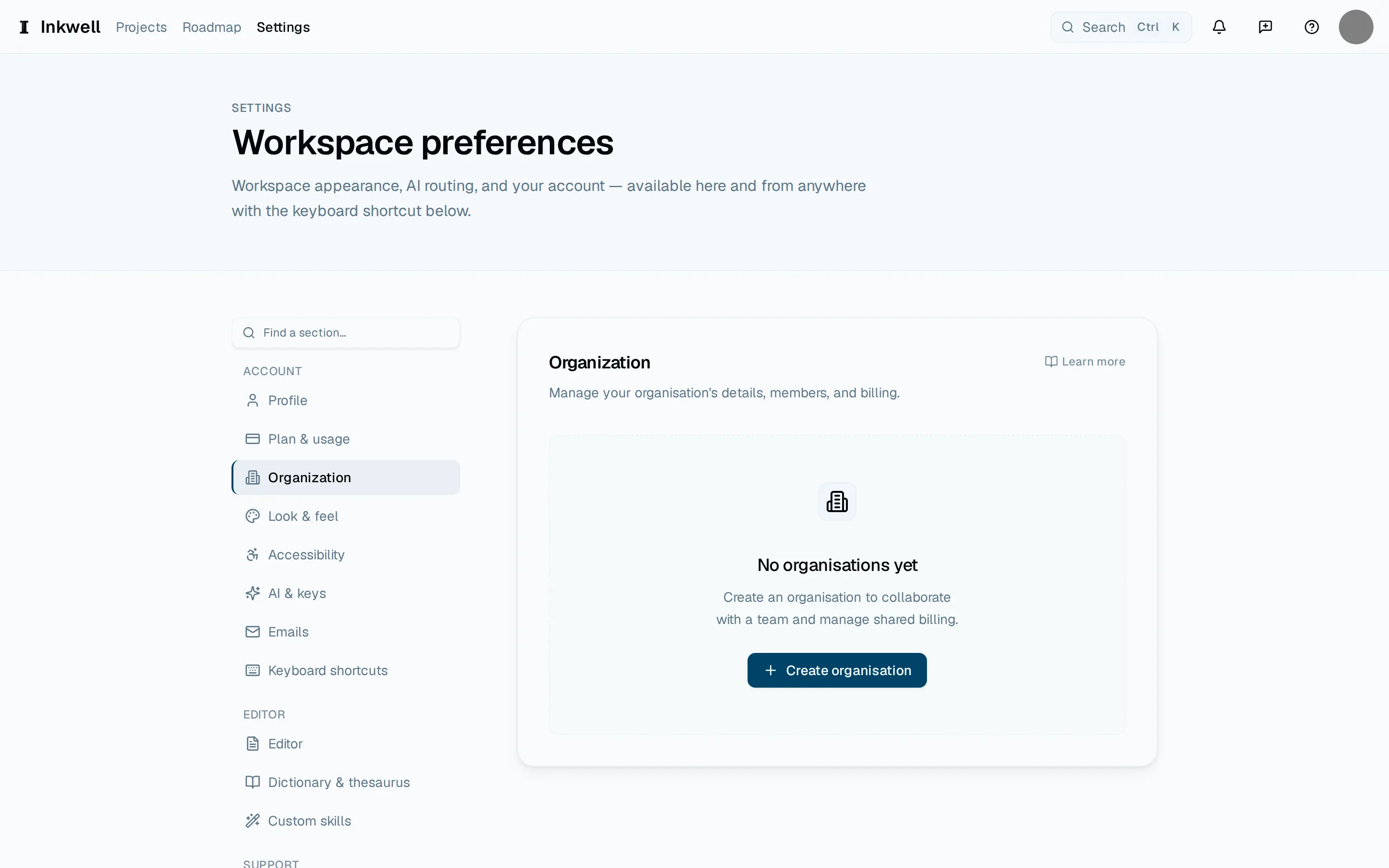 Settings → Organization before a workspace exists: the settings navigation (1) and Create organization (2), which starts a Team workspace.
