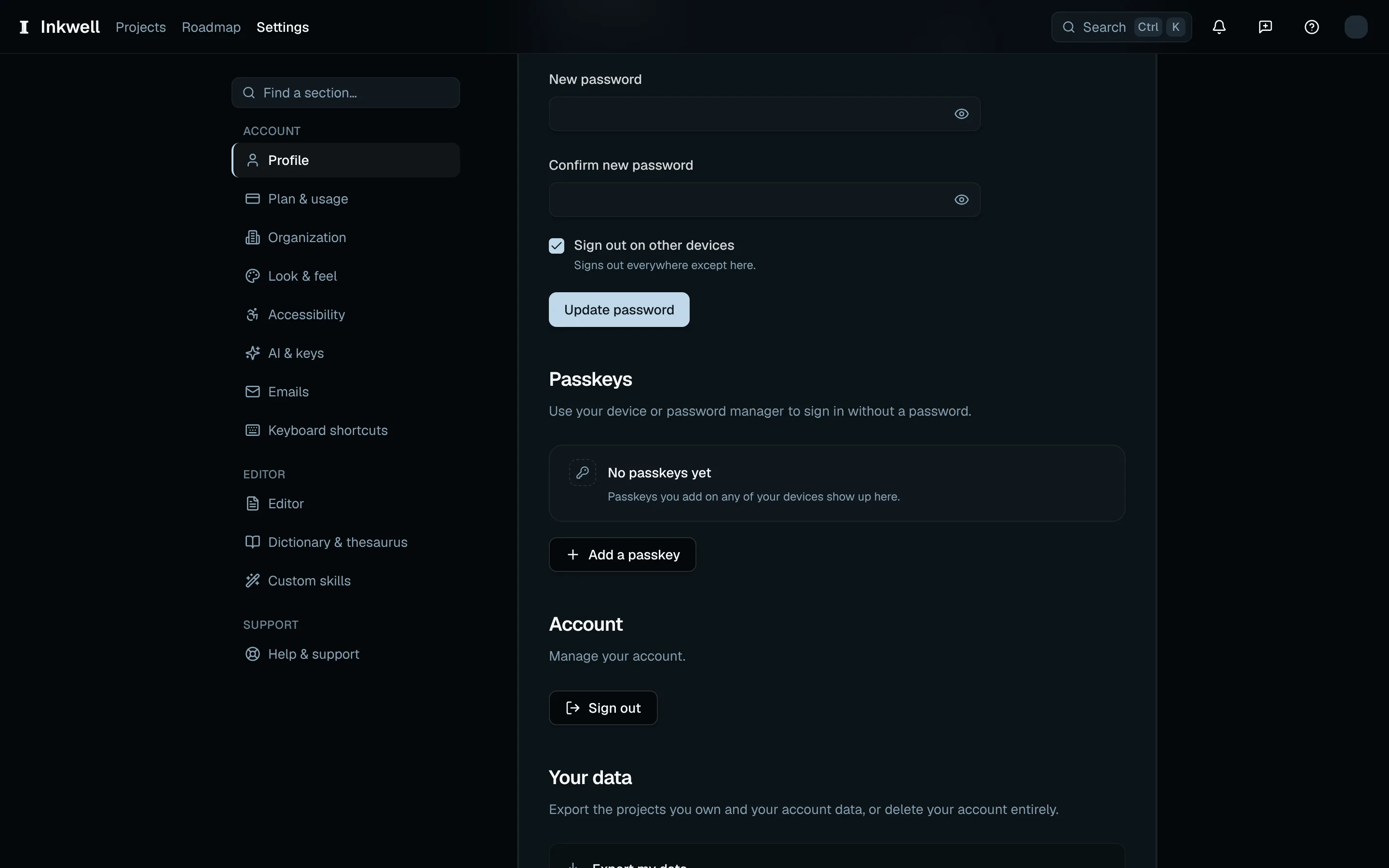 Passkeys im Profil (1): Beginne mit Passkey hinzufügen und folge dann der Aufforderung deines Geräts.
