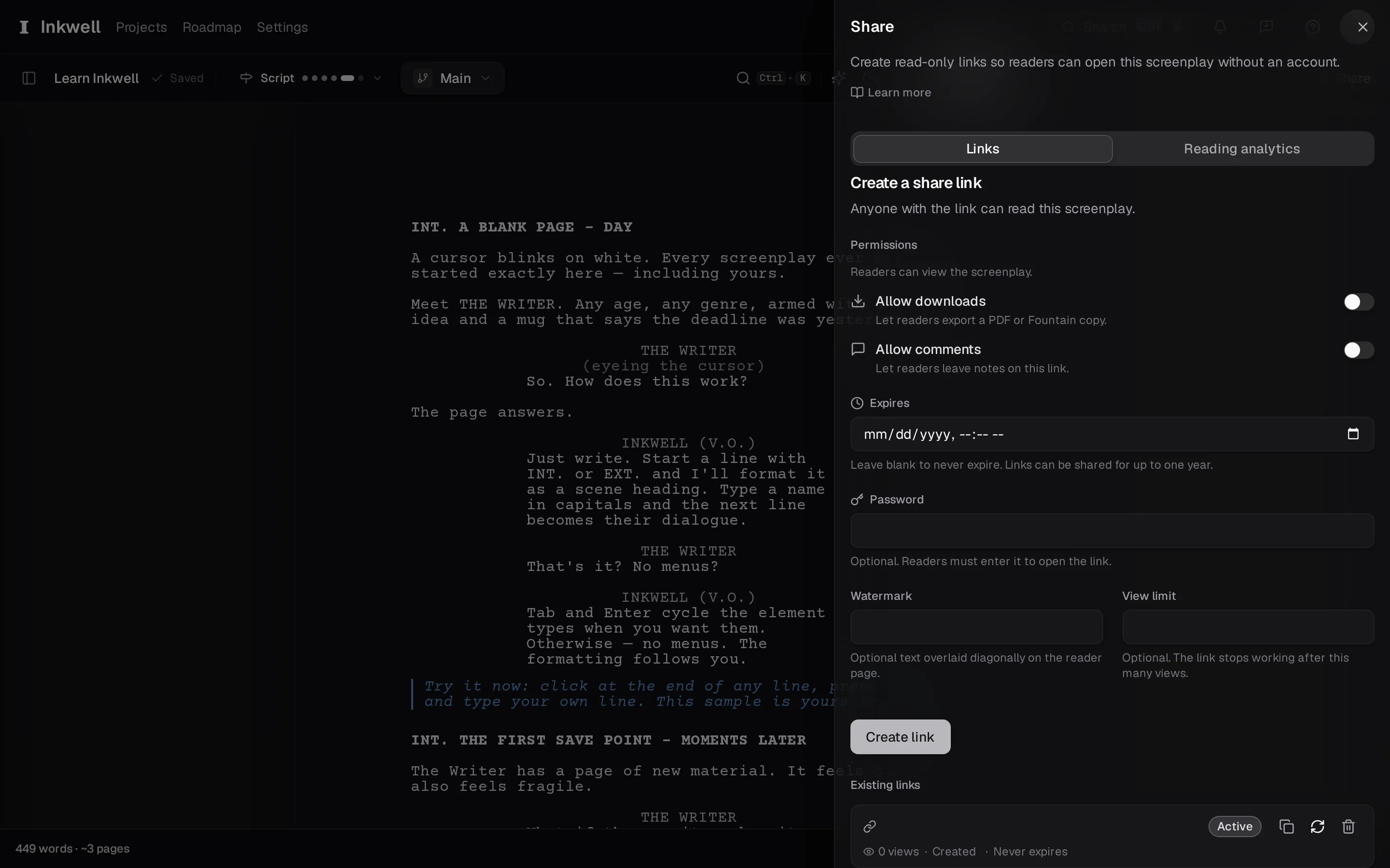 The share panel: the new-link form (1) with its expiry, password, watermark, and view-limit options, and the project's links below it (2) — this one just created.
