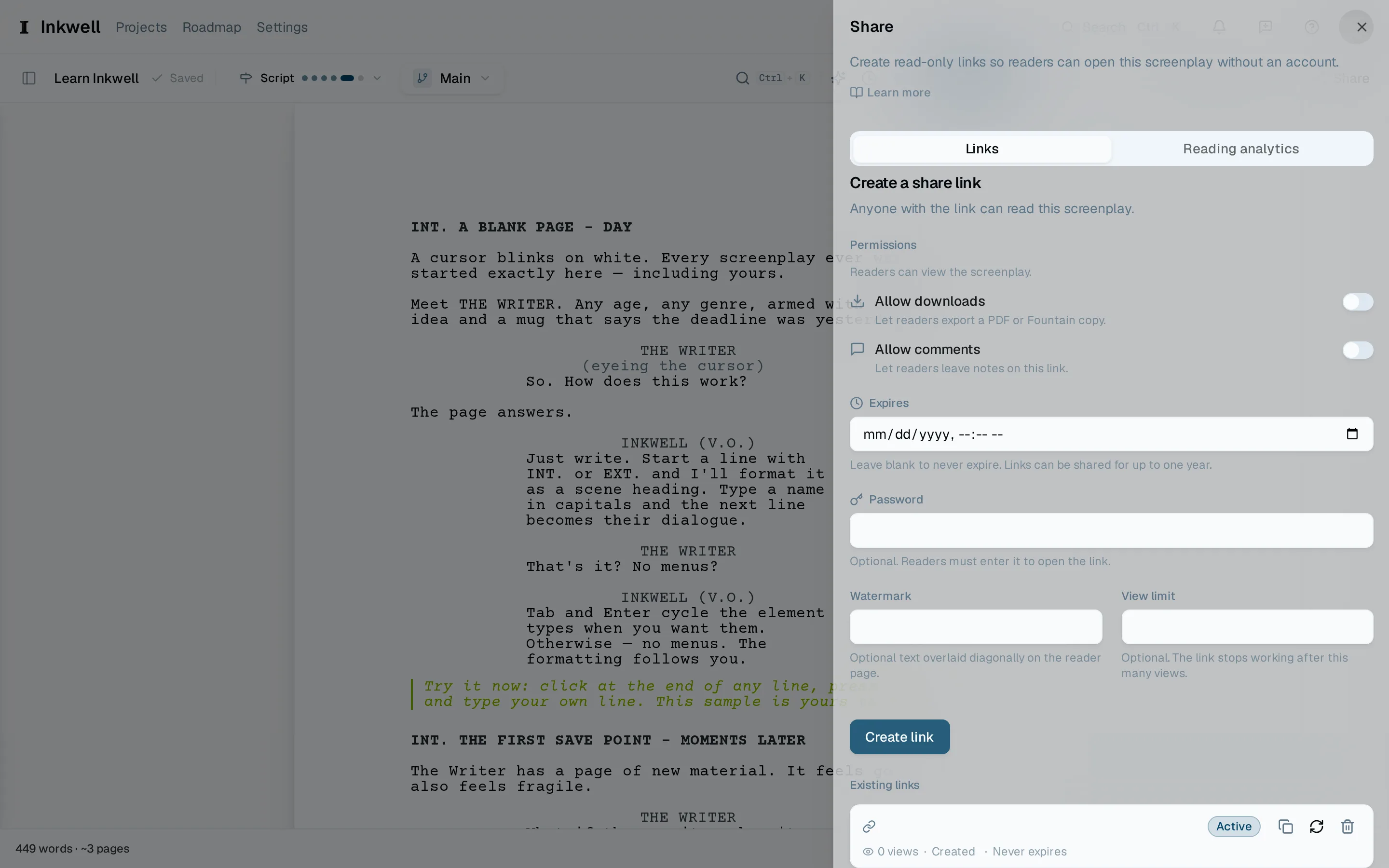 The share panel: the new-link form (1) with its expiry, password, watermark, and view-limit options, and the project's links below it (2) — this one just created.