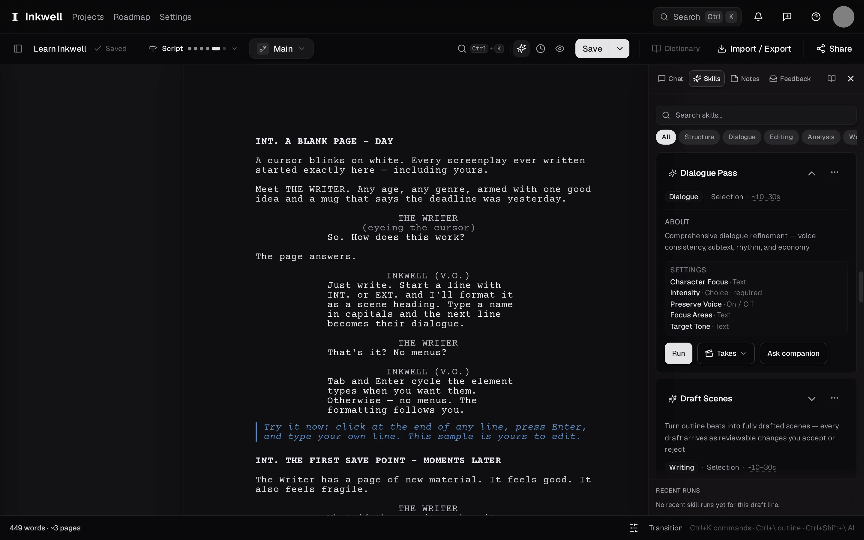 The companion sidebar on Skills — the tab (1) at the top is how you get there. Each card says what the pass reads and what it returns — here Dialogue Pass, expanded (2) — and Run (3) starts it on the scope you choose.
