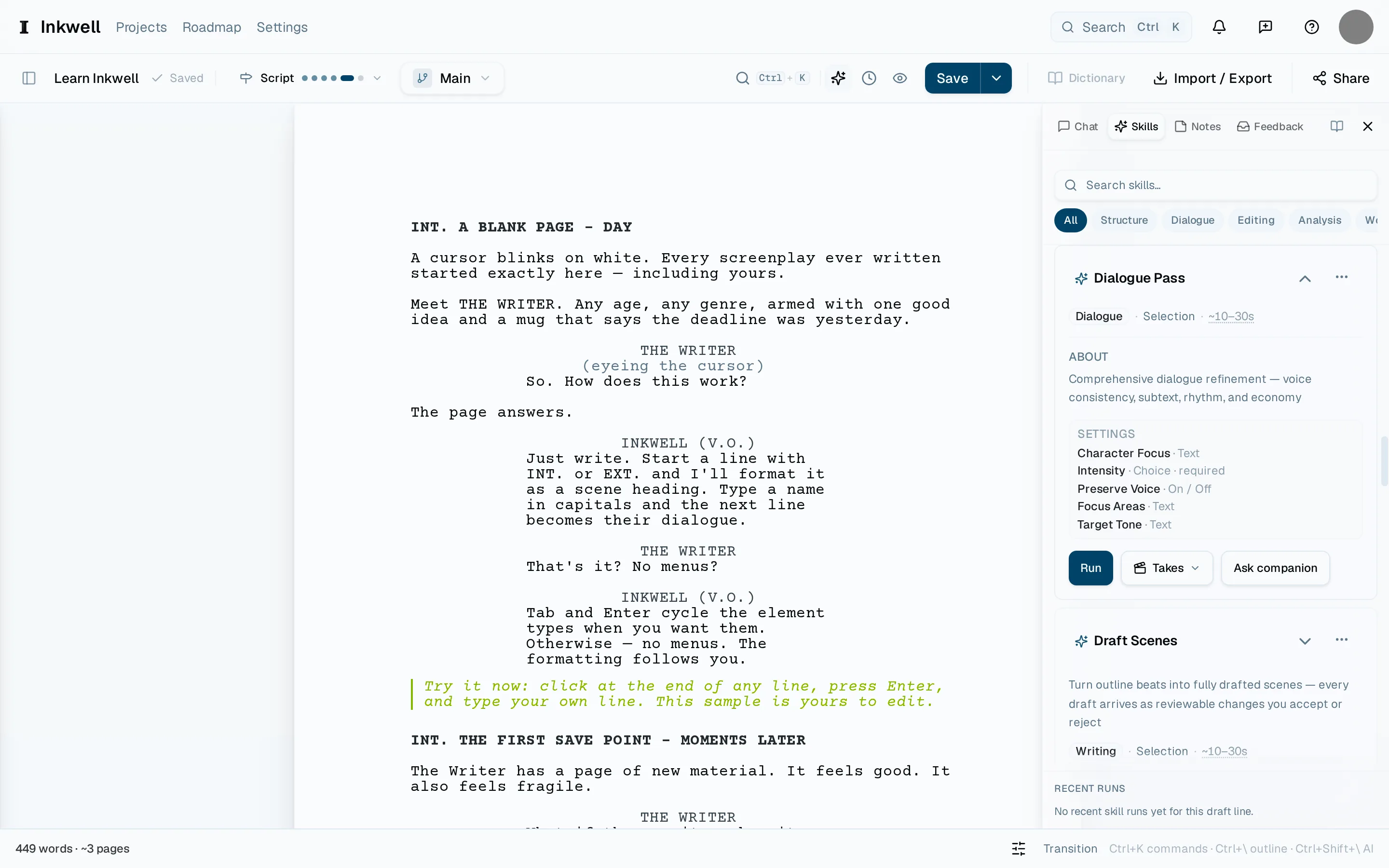 The companion sidebar on Skills — the tab (1) at the top is how you get there. Each card says what the pass reads and what it returns — here Dialogue Pass, expanded (2) — and Run (3) starts it on the scope you choose.