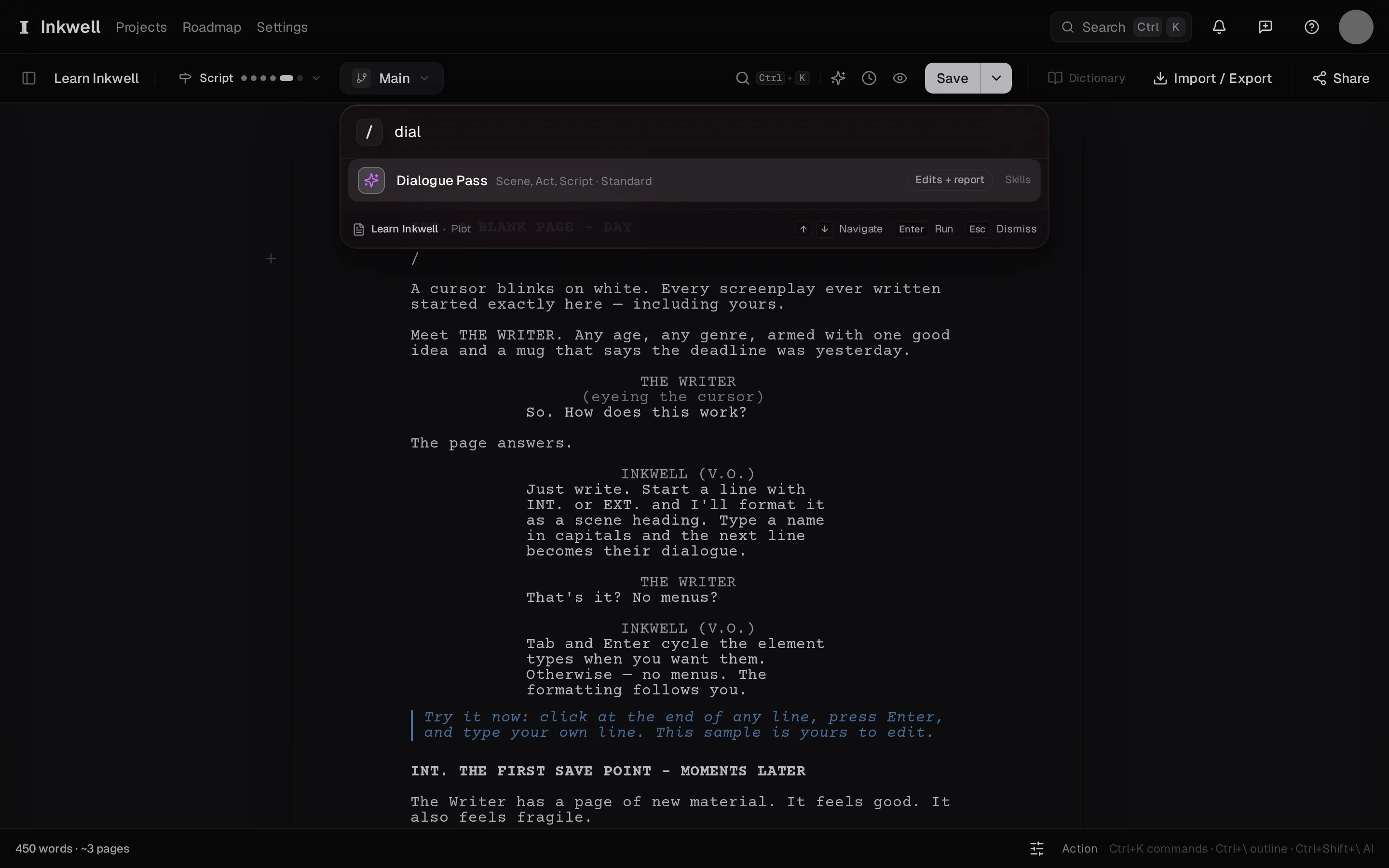 The palette opened with / and narrowed by typing dial: the search box (1) and the skills that match (2), each with the scope it takes and what it returns.