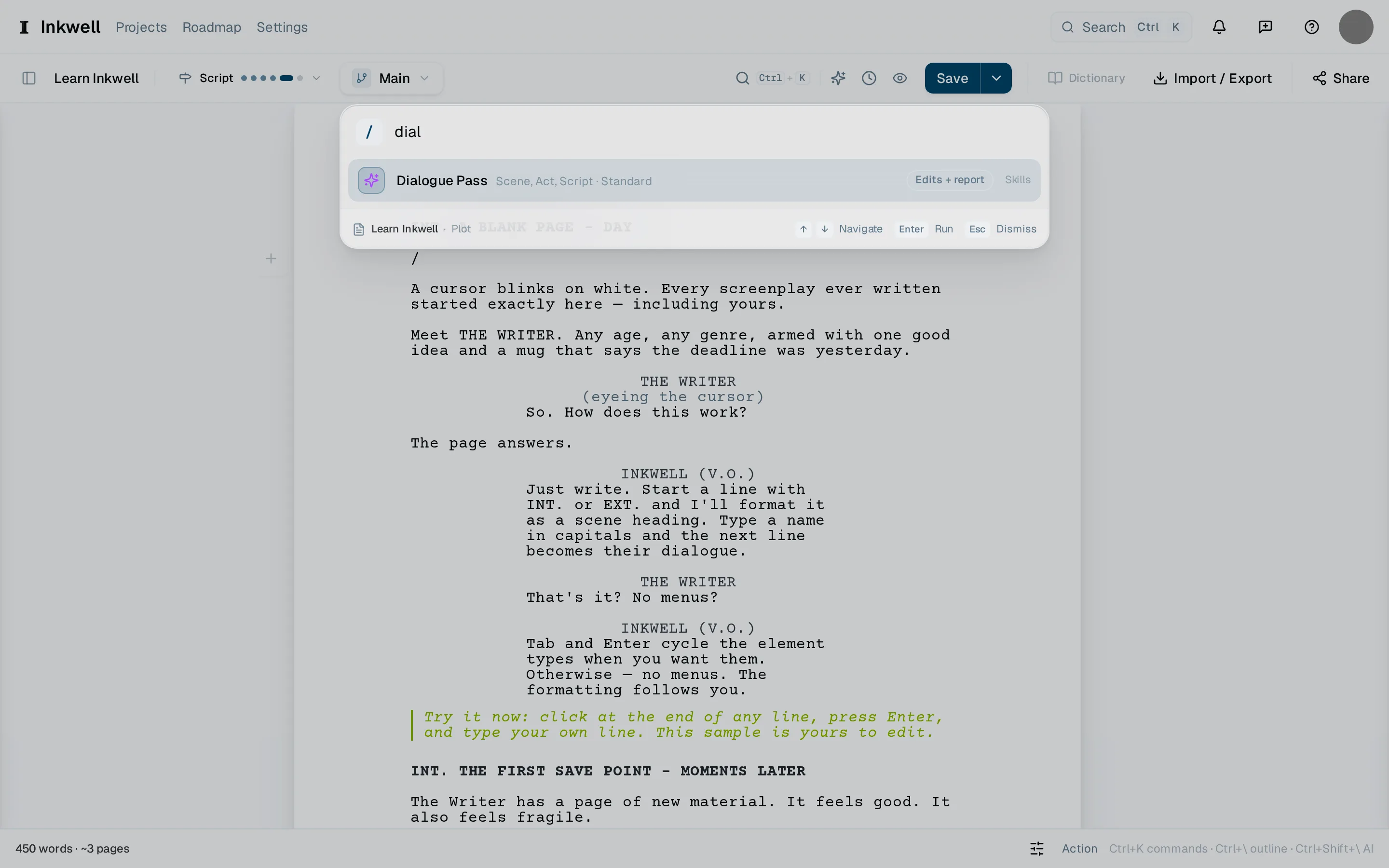 The palette opened with / and narrowed by typing dial: the search box (1) and the skills that match (2), each with the scope it takes and what it returns.